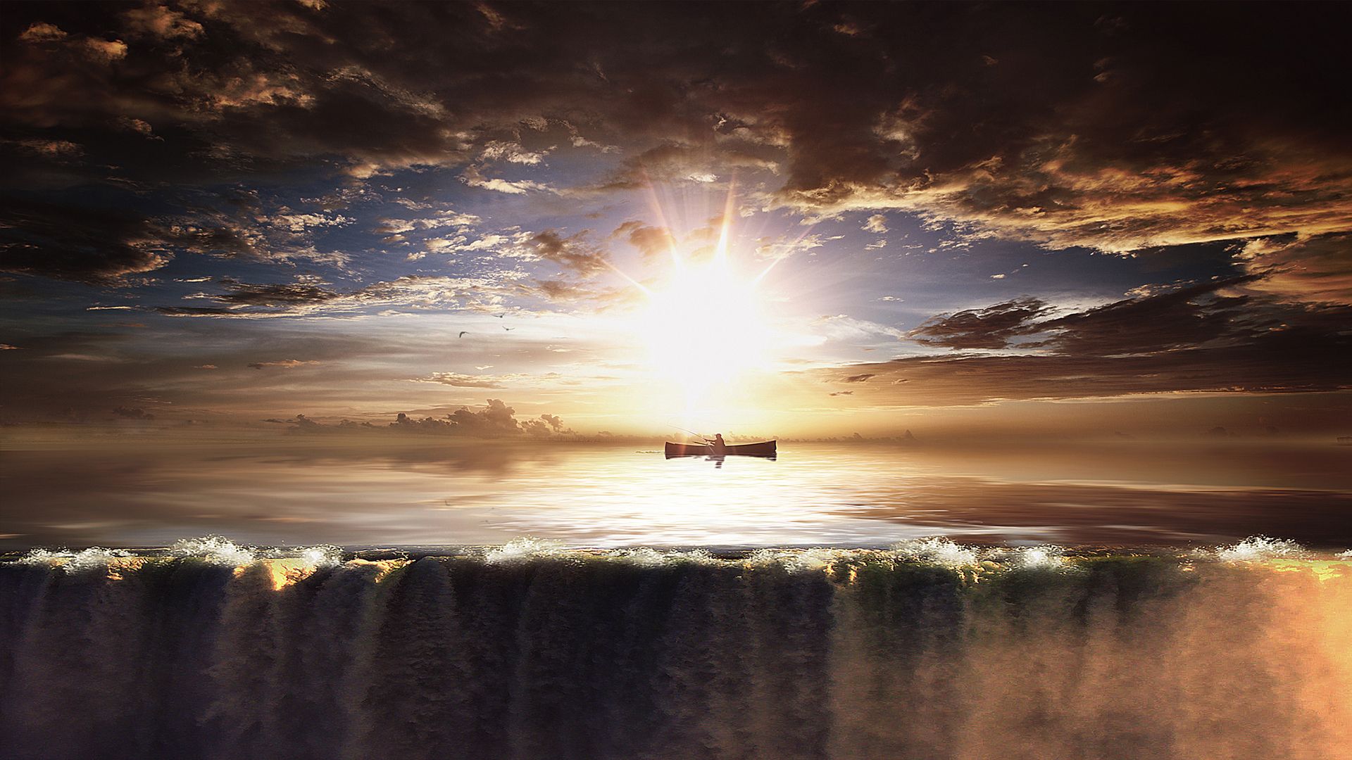 Man in boat on ocean at sunset with waterfall HD Wallpaper