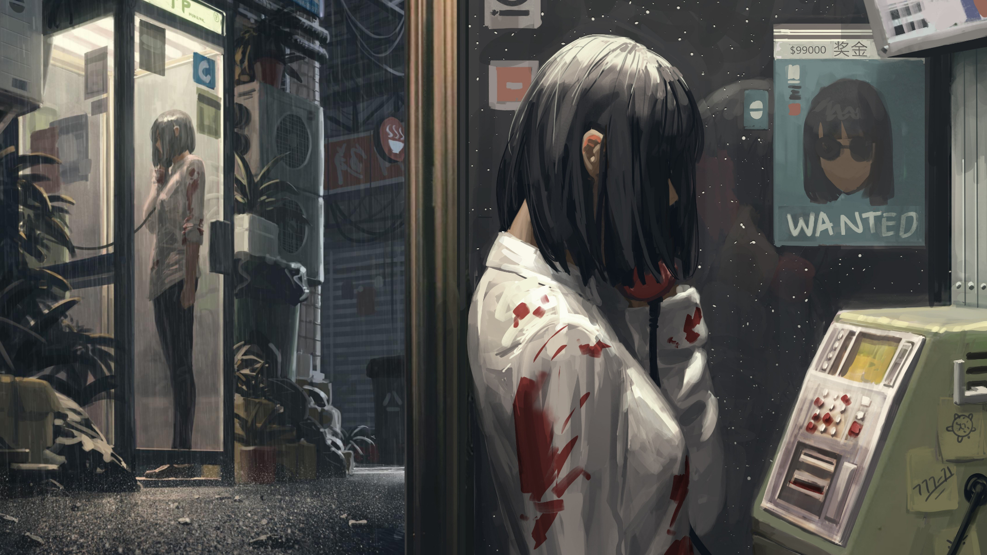 Girl in a telephone booth with a wanted poster HD Wallpaper
