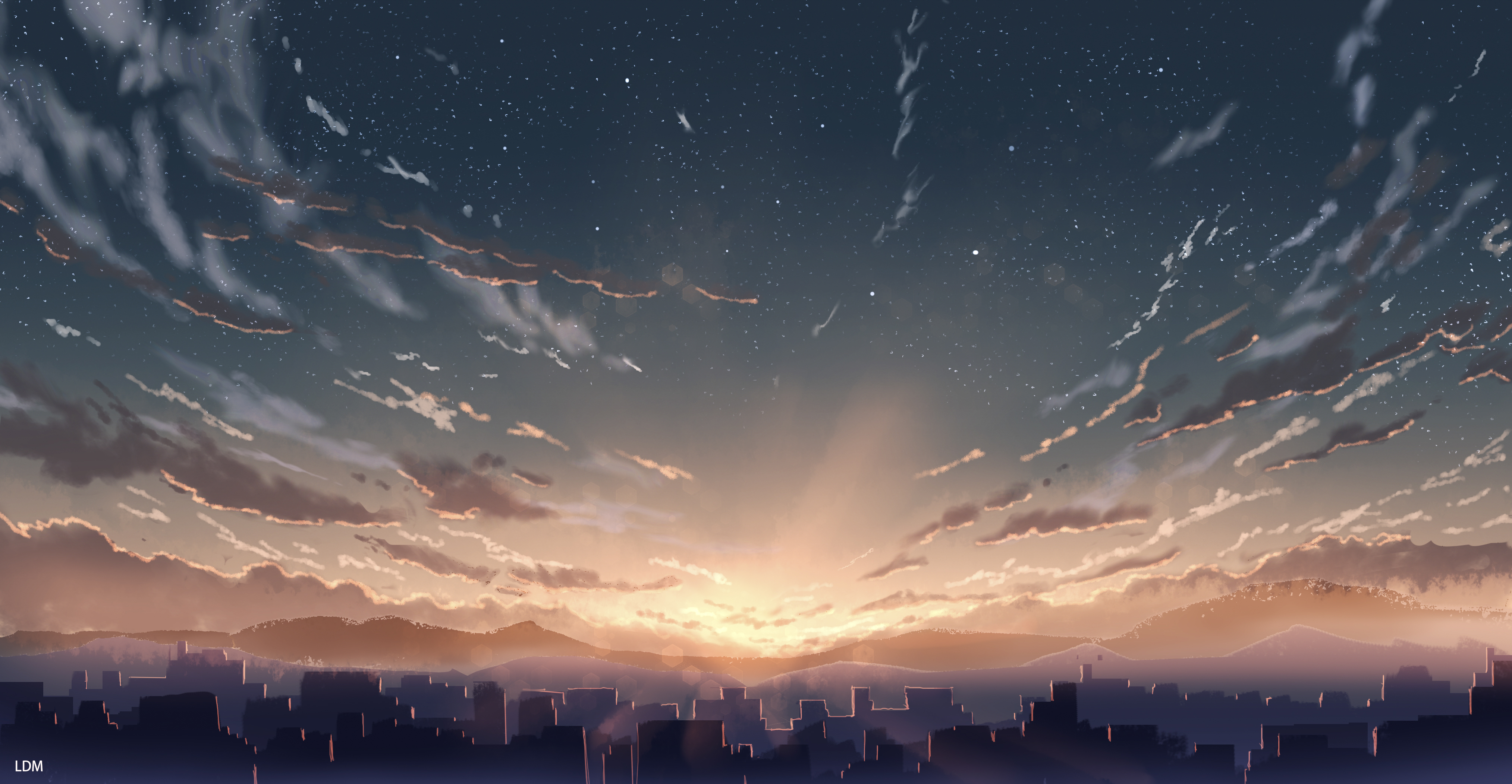 Anime Cityscape at Sunset with Dramatic Sky HD Wallpaper