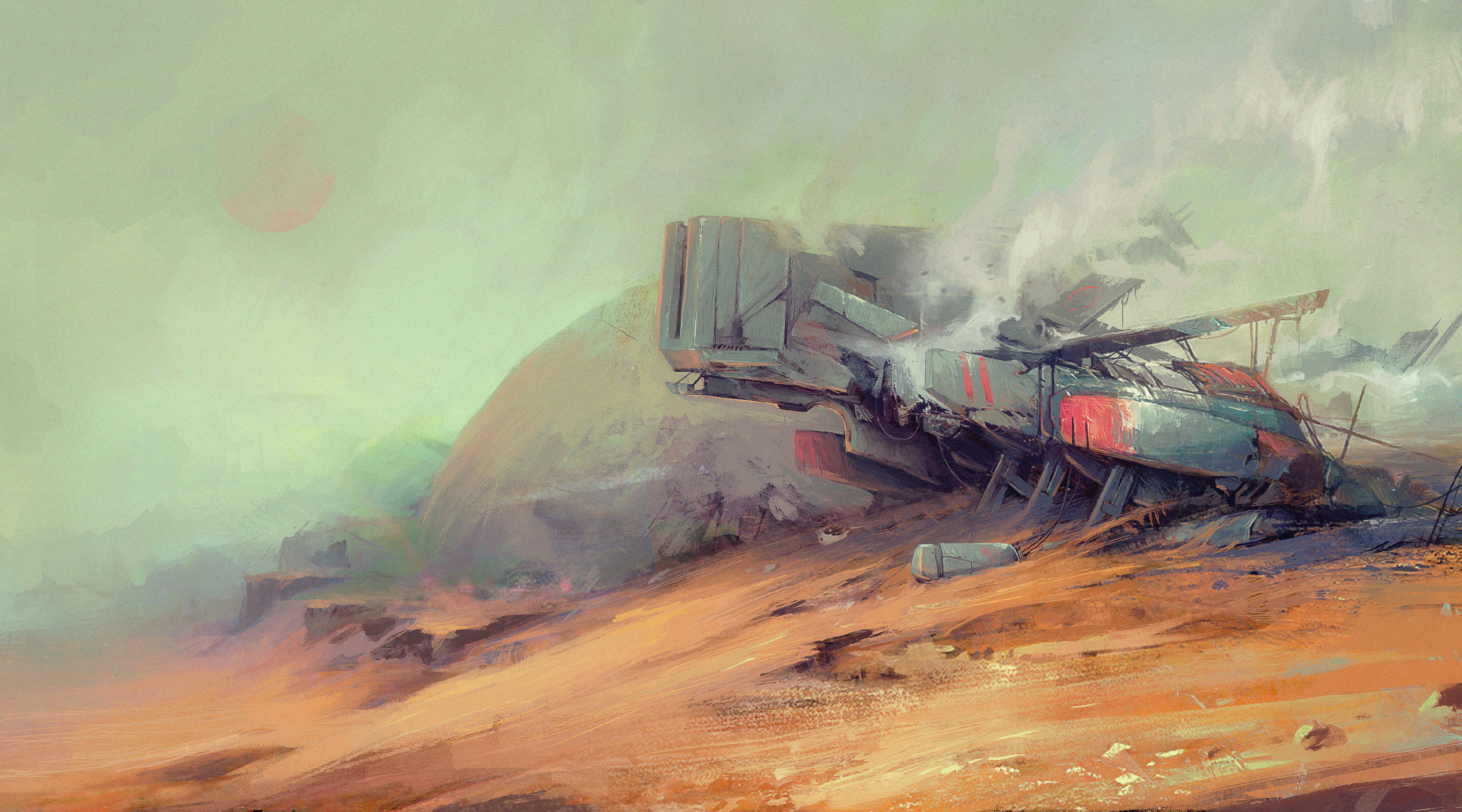 Sci Fi Wreckage in a Desert Landscape HD Wallpaper
