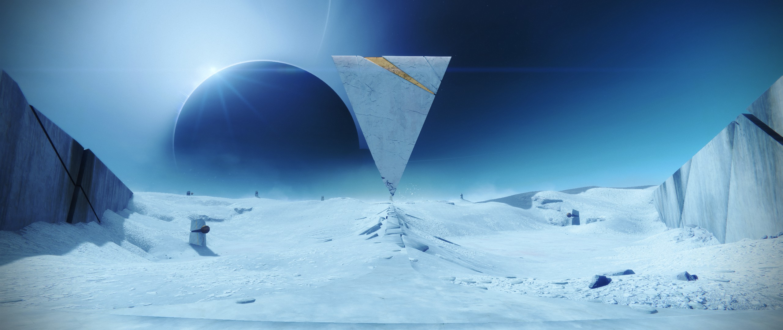 Destiny 2 landscape with planet and triangular structure HD Wallpaper