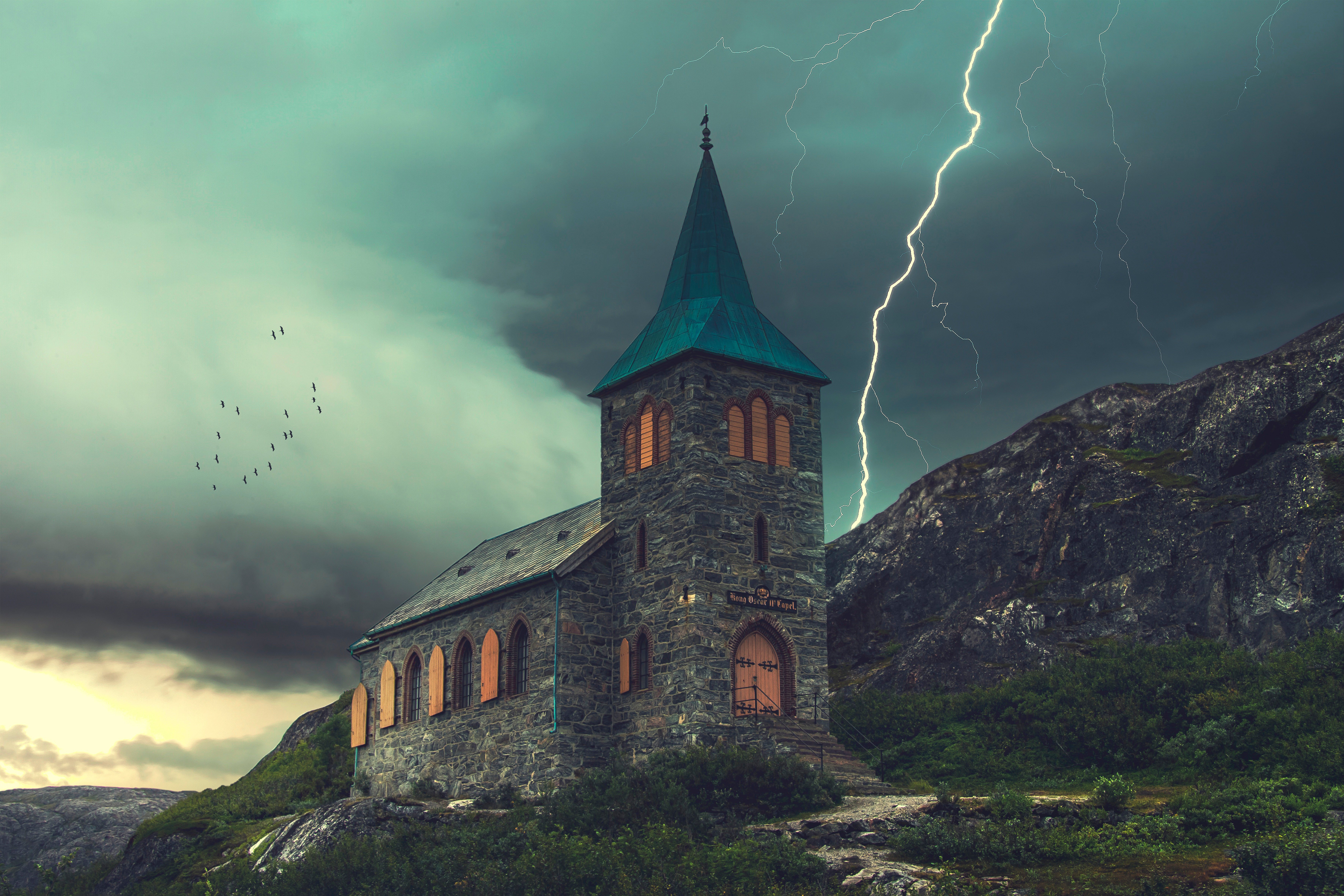 Stone Chapel during Thunderstorm with Lightning HD Wallpaper