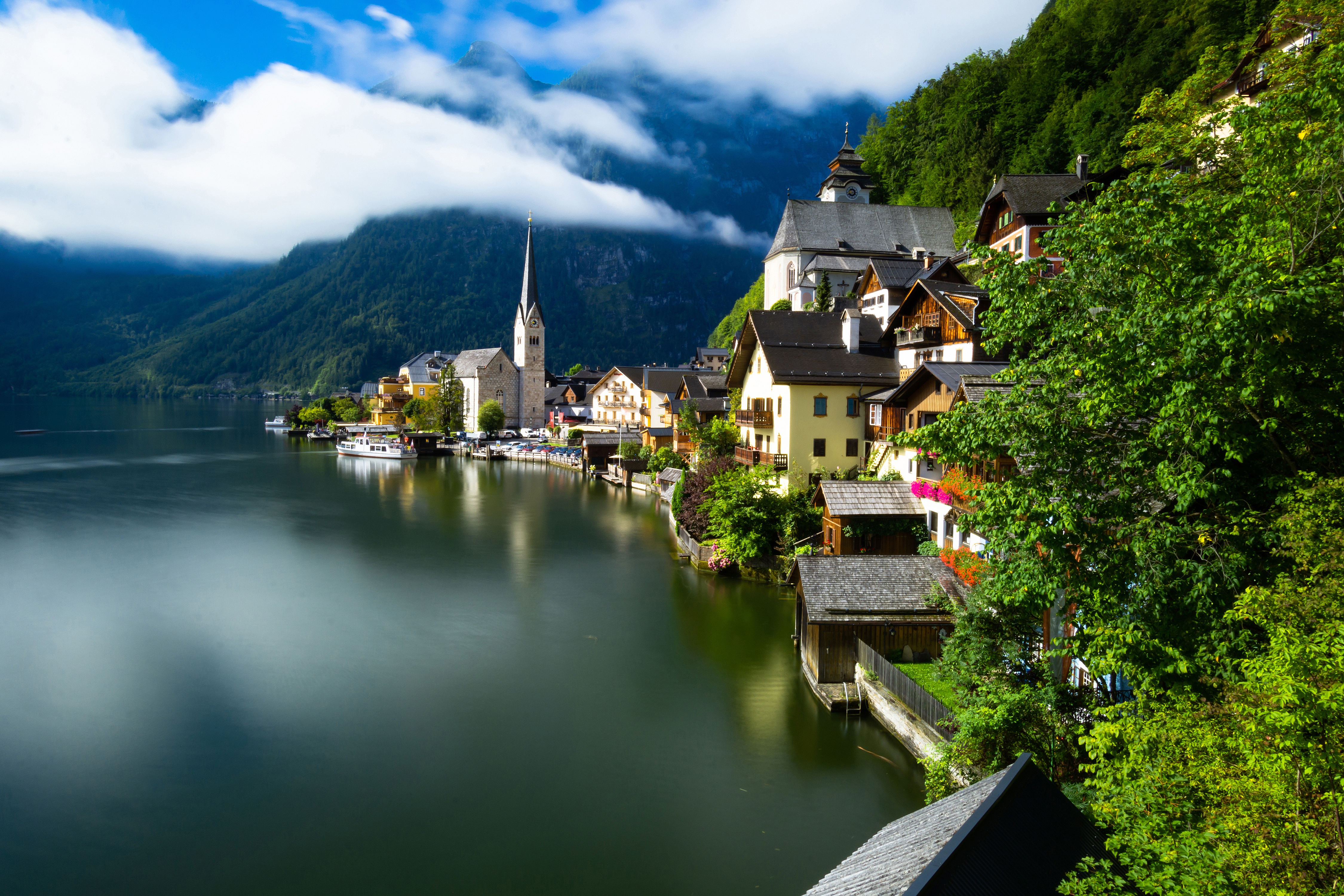 Hallstatt Austria Village on Lake with Mountains HD Wallpaper