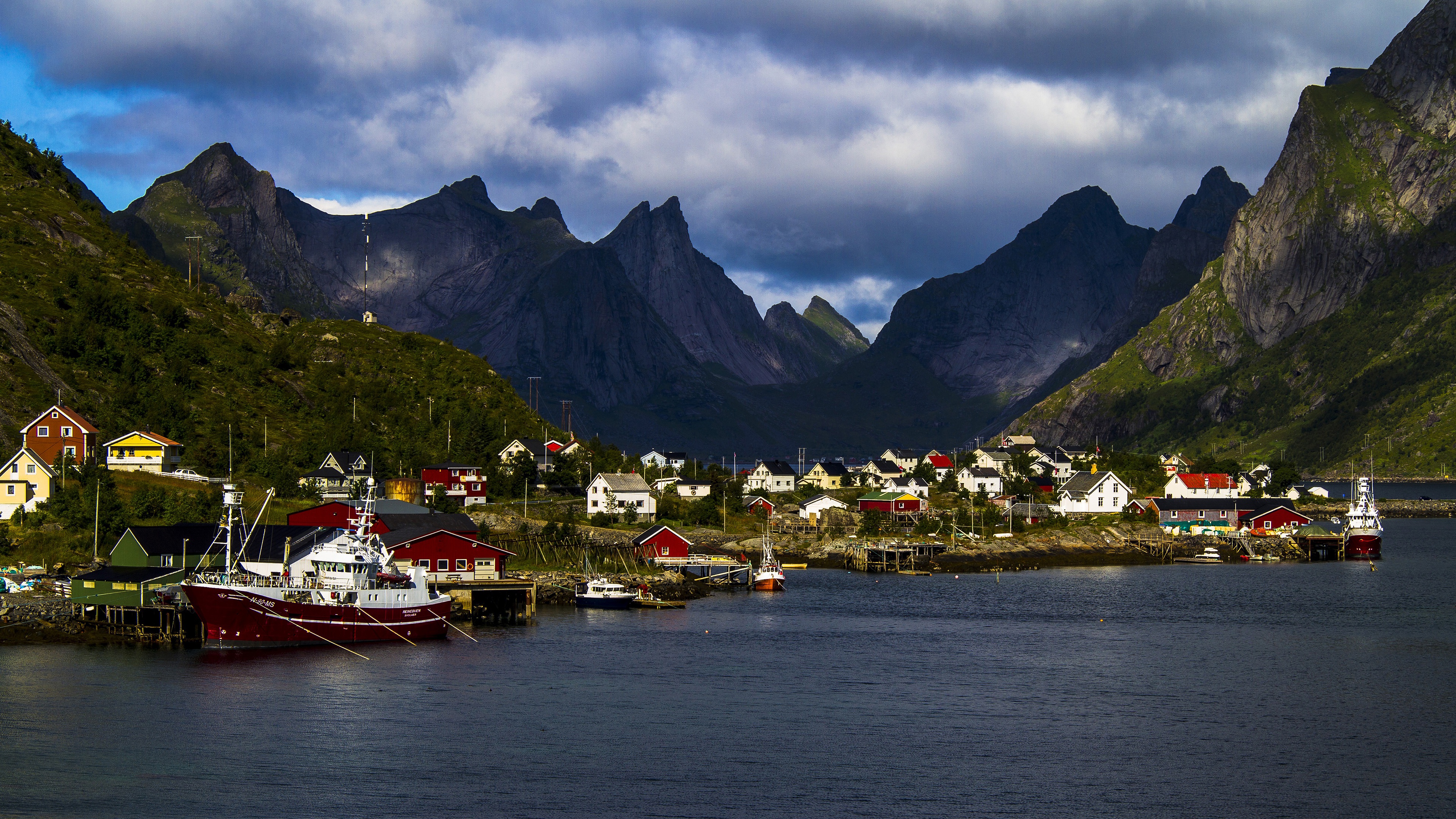 Lofoten village with mountains and sea HD Wallpaper