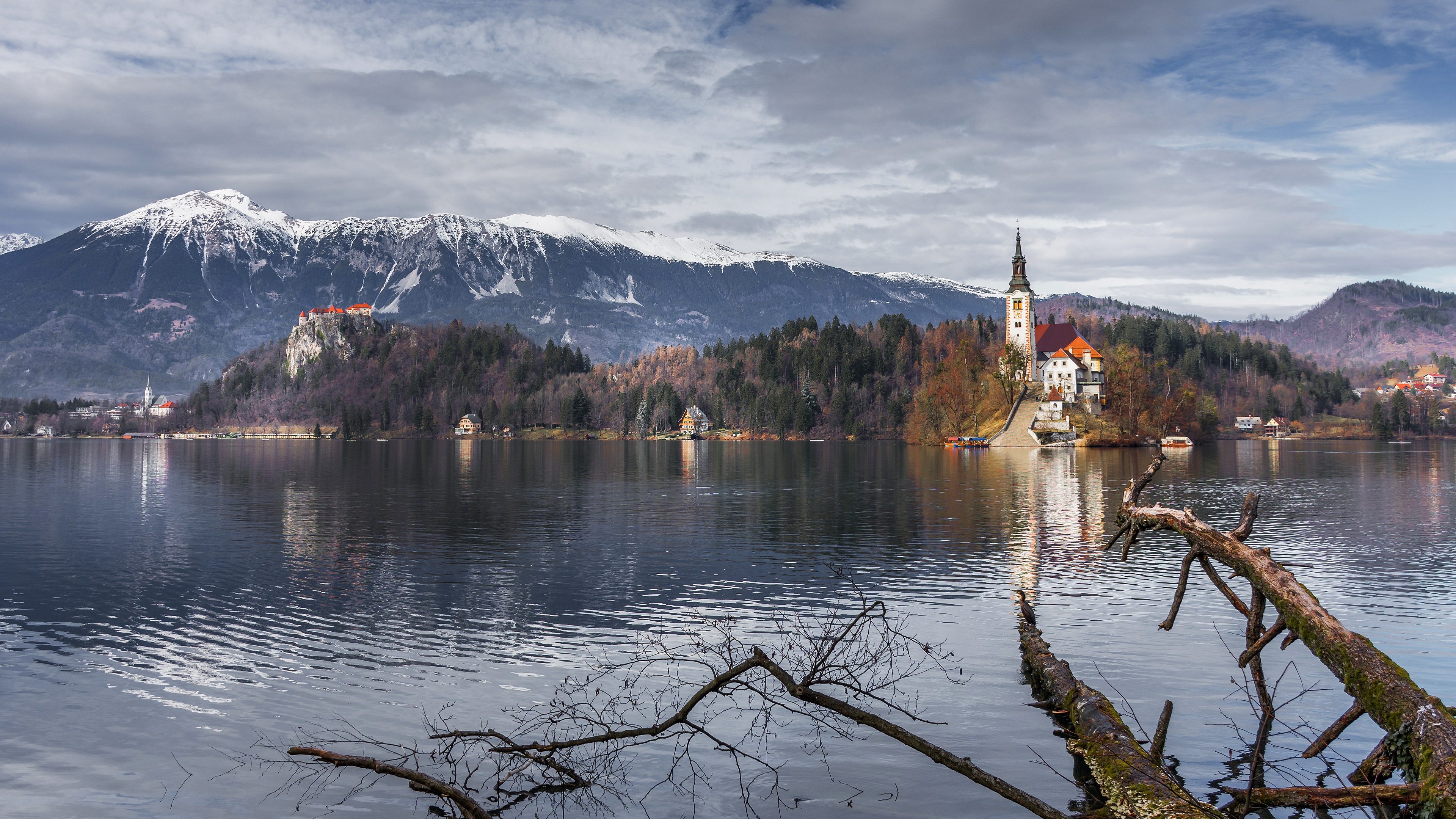 Church on Island with Mountains and Lake HD Wallpaper