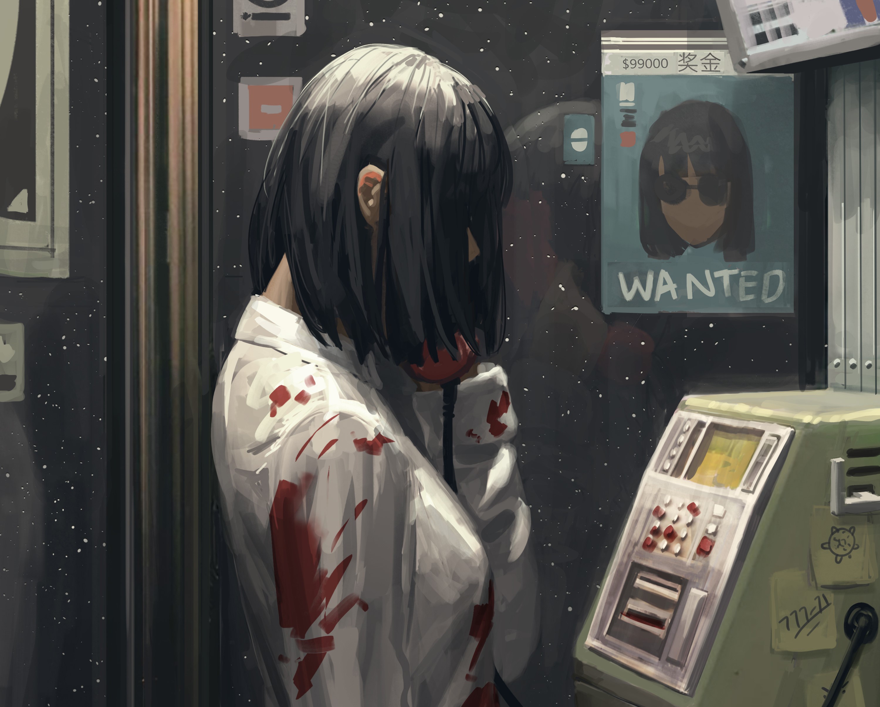 Woman with bloodstains on shirt using payphone HD Wallpaper