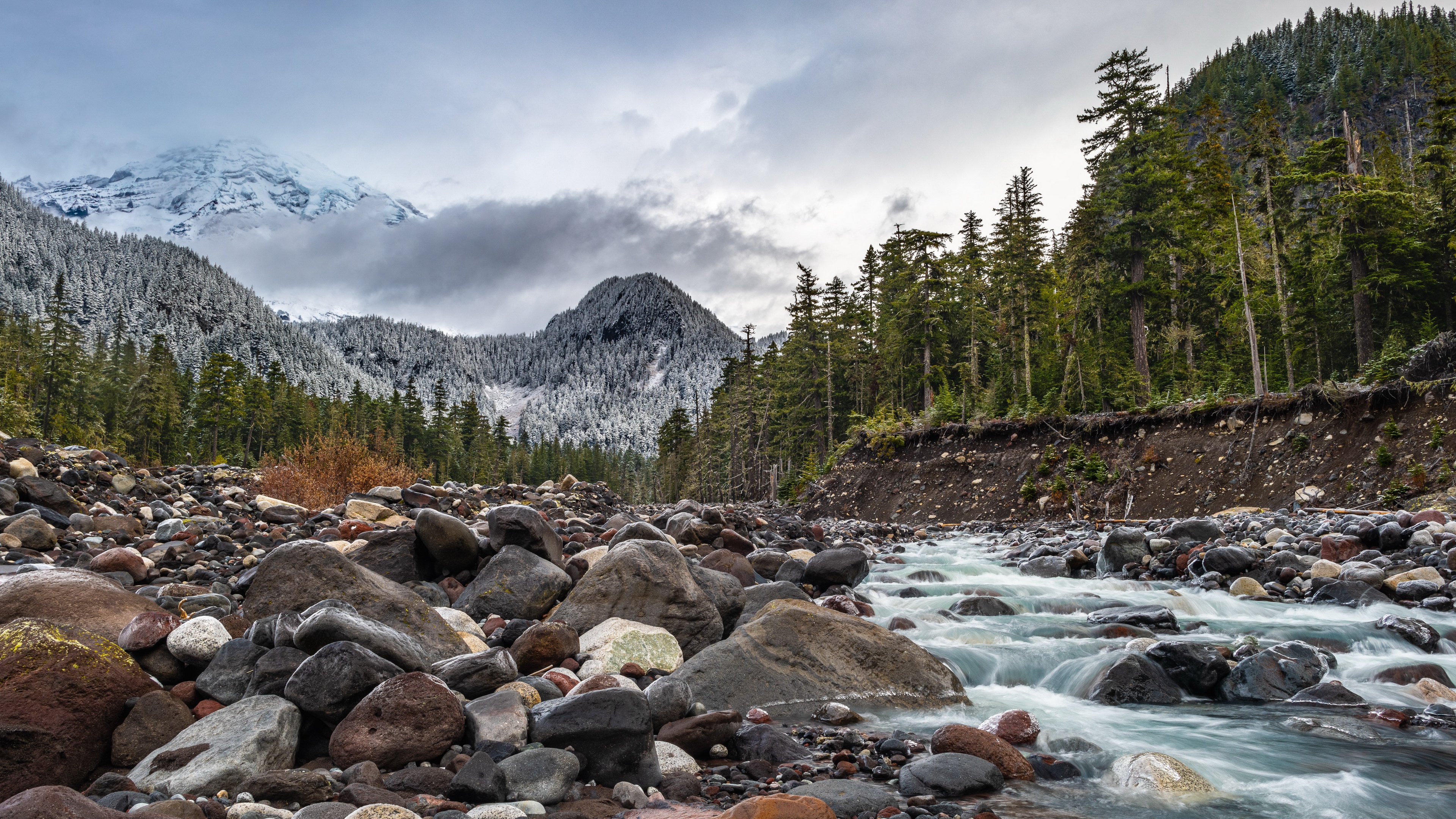 Mount Rainier 4K Stream and Stones HD Wallpaper