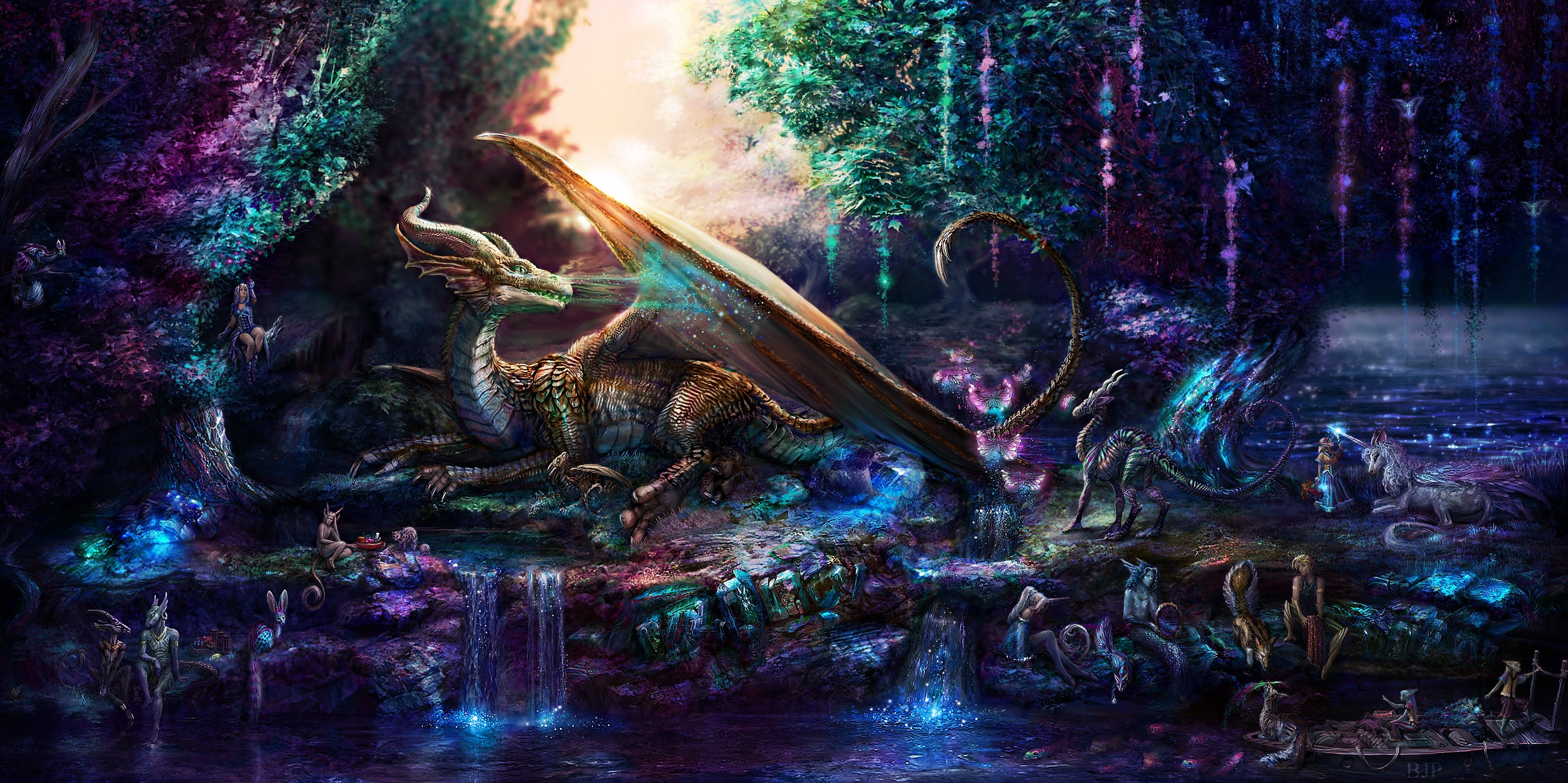 Fantasy Dragon in a Magical Forest HD Wallpaper