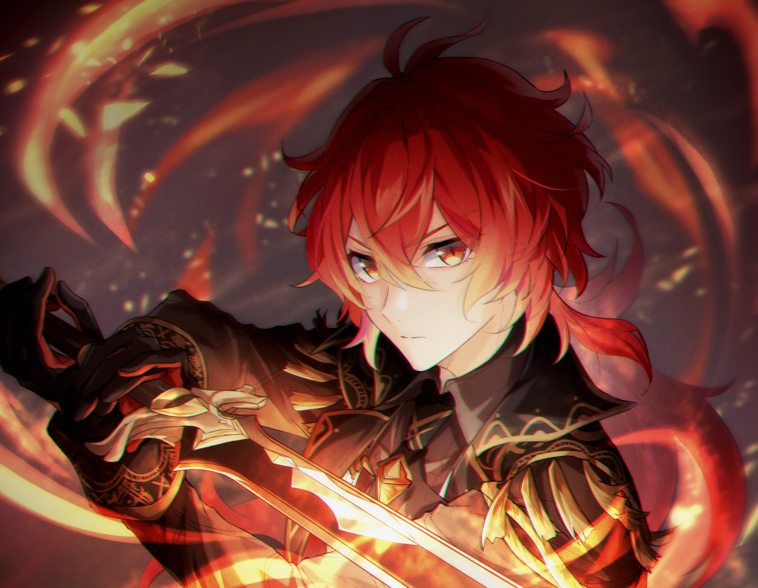 Diluc from Genshin Impact with a fiery sword HD Wallpaper
