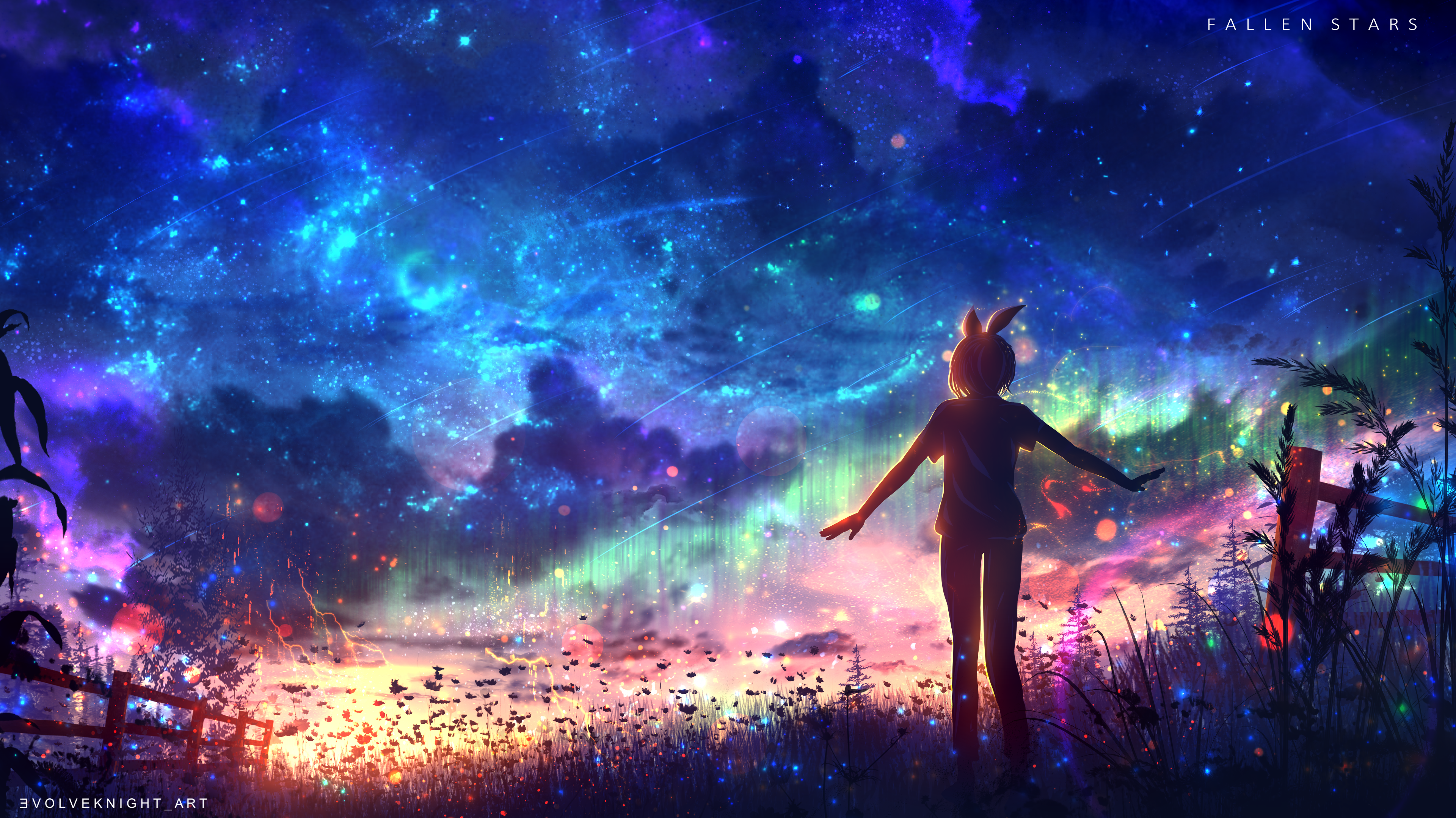 Girl with Bunny Ears Under a Starry Sky HD Wallpaper
