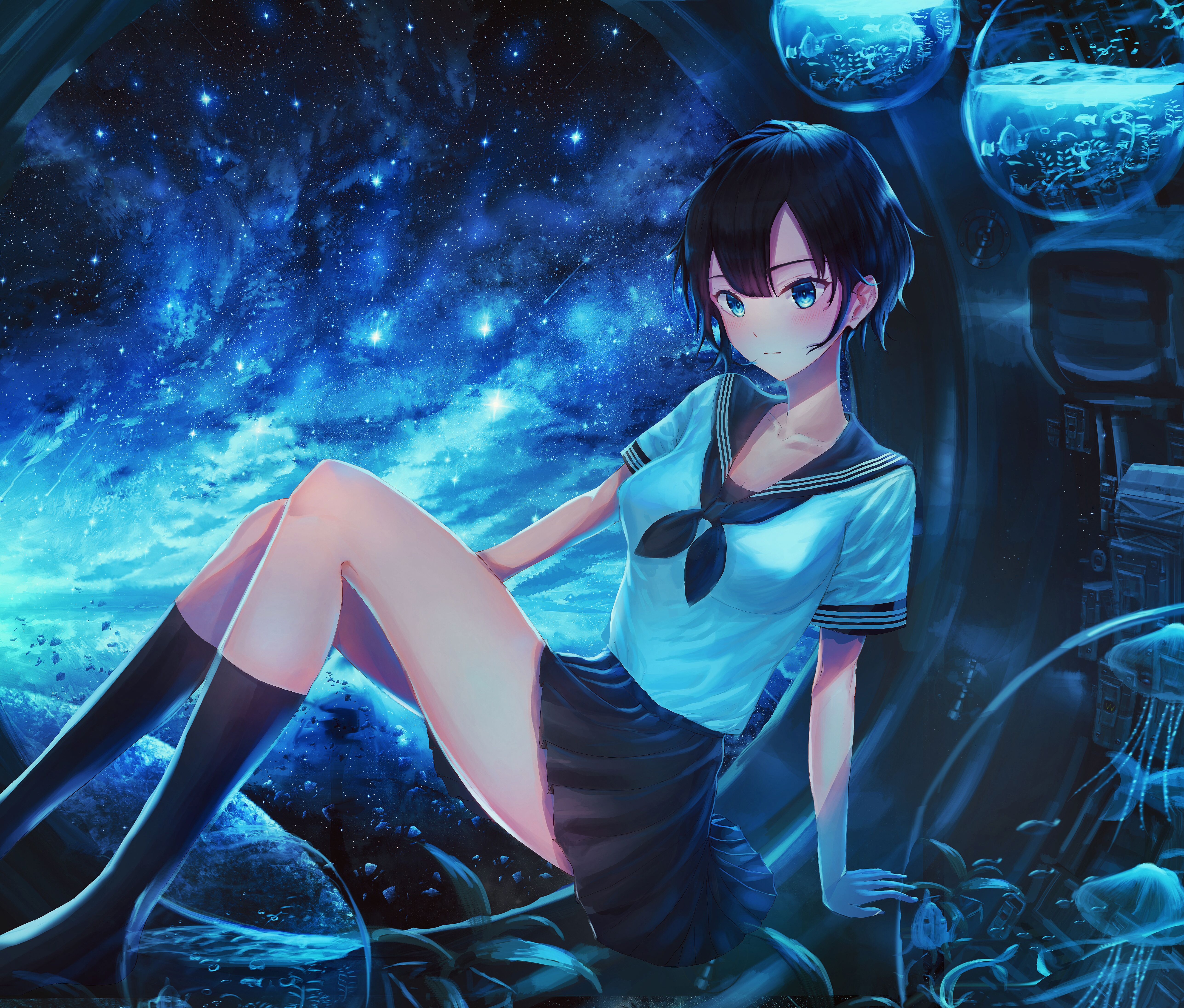 Girl in School Uniform Under Starry Sky HD Wallpaper