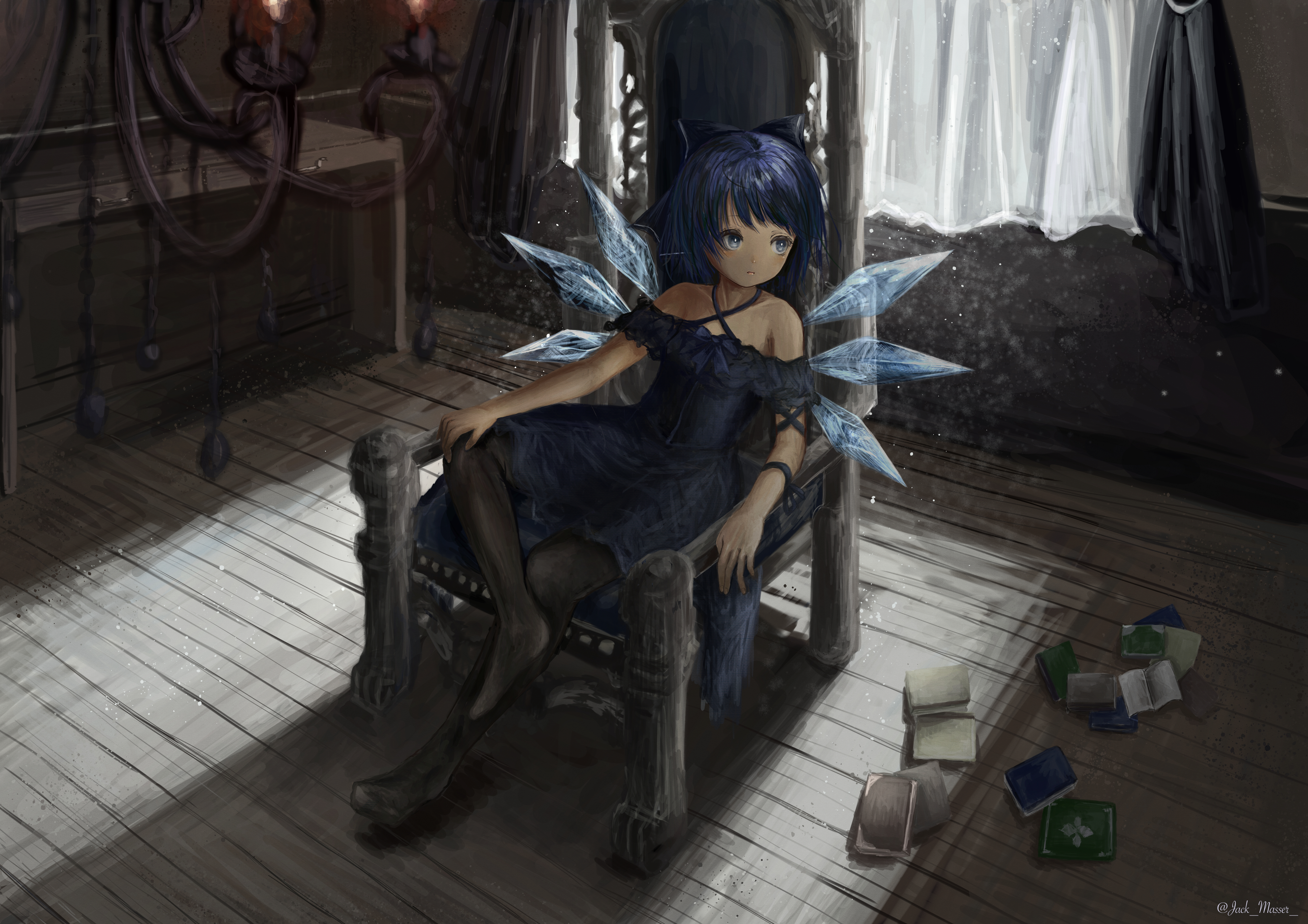 Cirno from Touhou sitting on a chair HD Wallpaper