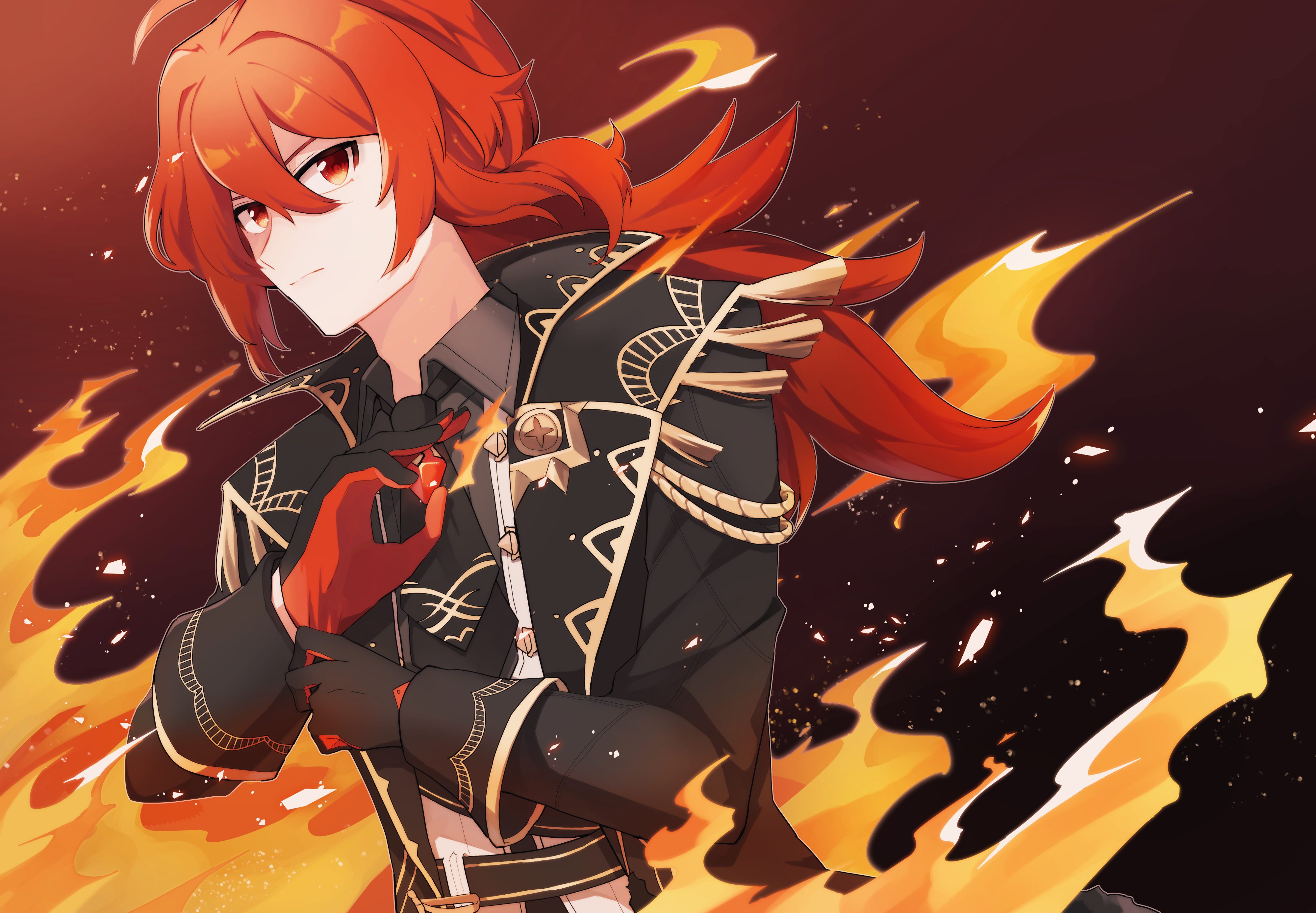 Diluc from Genshin Impact with flames HD Wallpaper