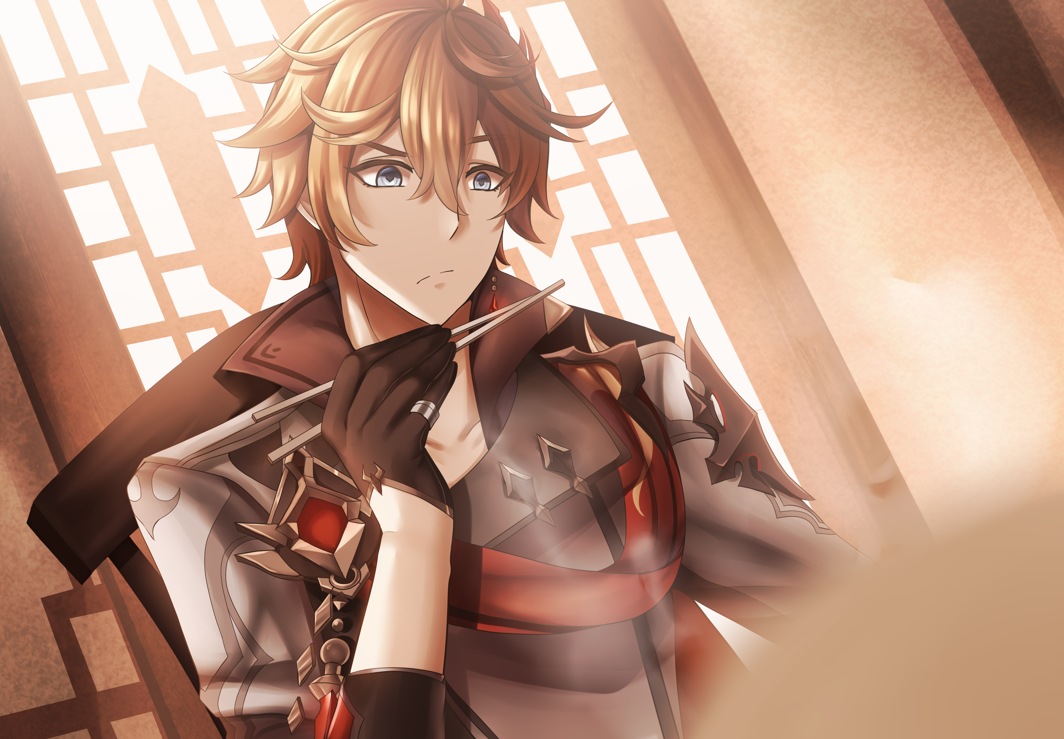 Childe from Genshin Impact eating with chopsticks HD Wallpaper
