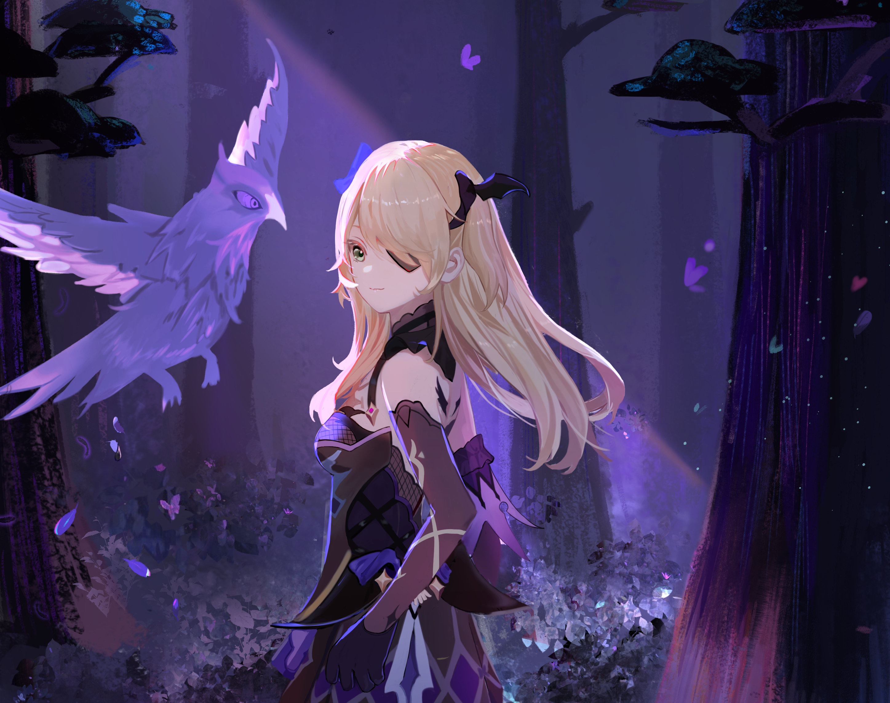 Fischl from Genshin Impact with a bird in a forest HD Wallpaper