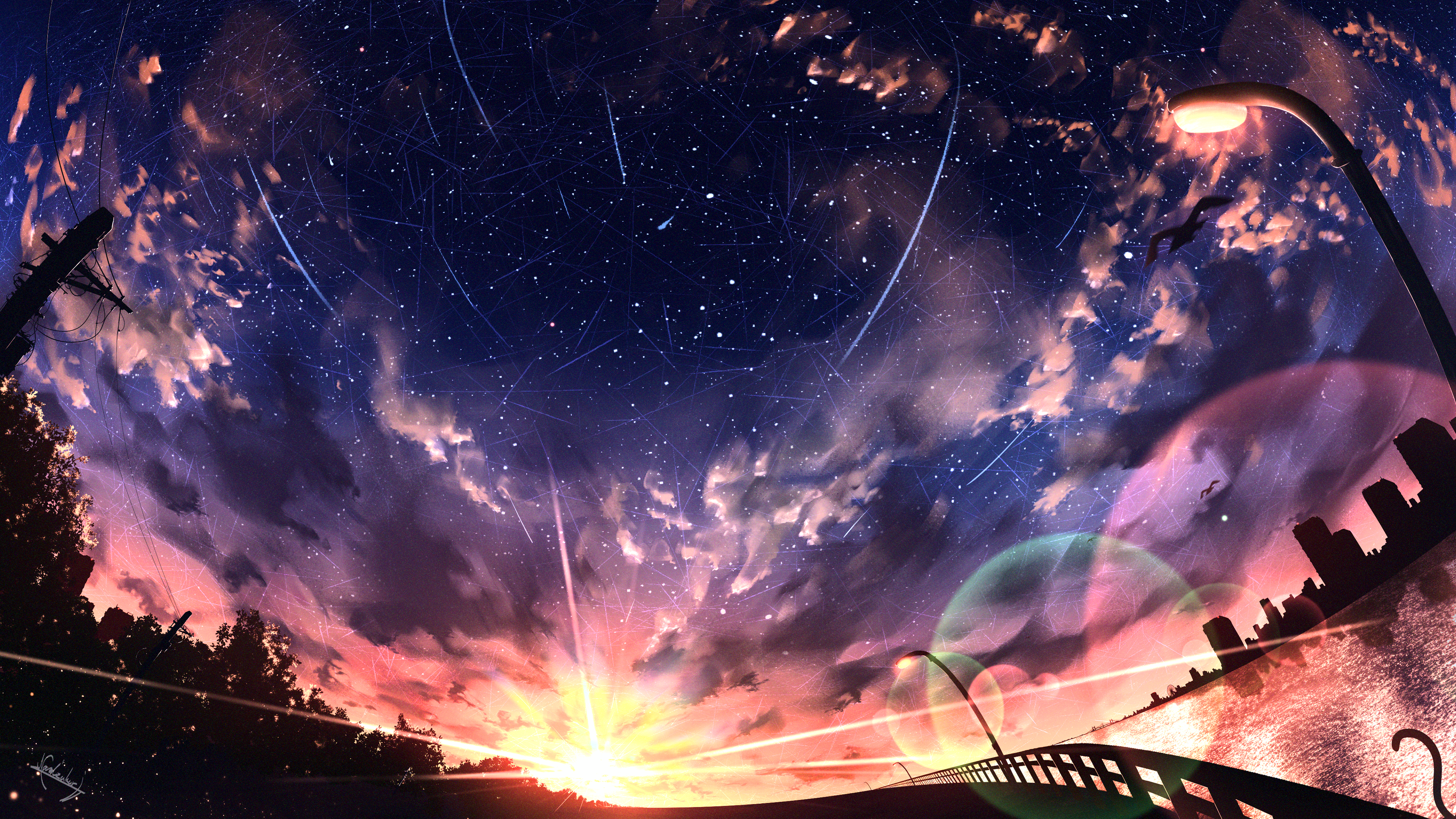 4K Starry Sky Sunset with Cityscape HD Wallpaper