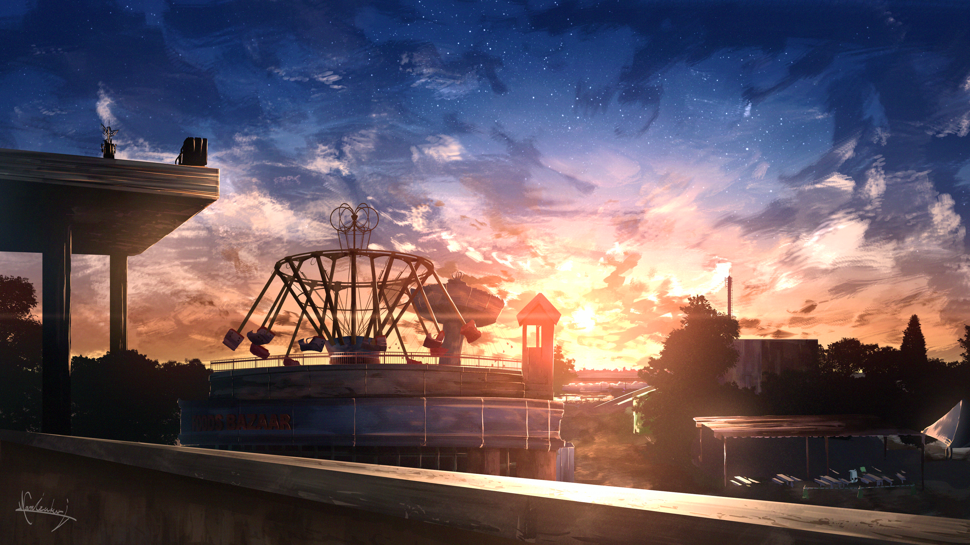 Amusement Park Ride at Sunset HD Wallpaper