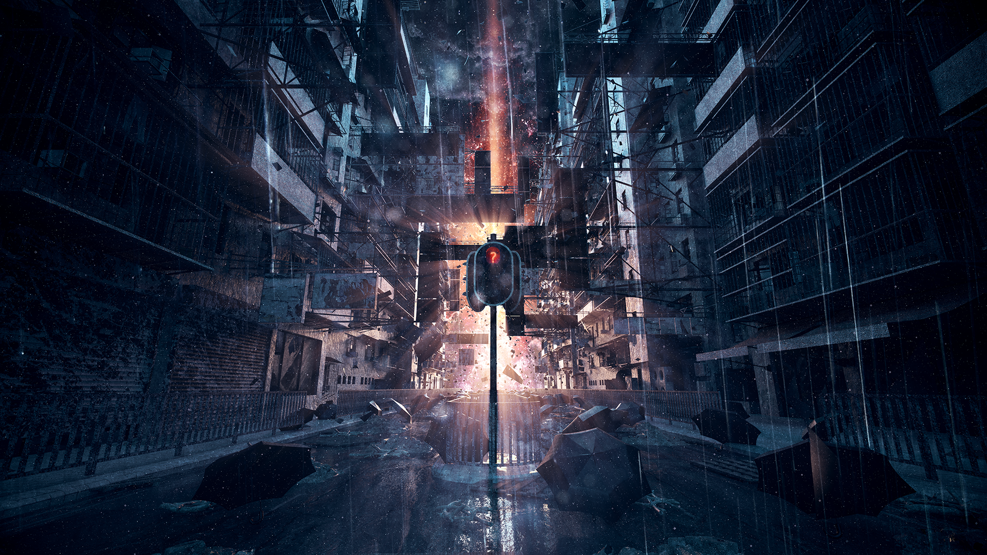 Post-apocalyptic city street with traffic light HD Wallpaper