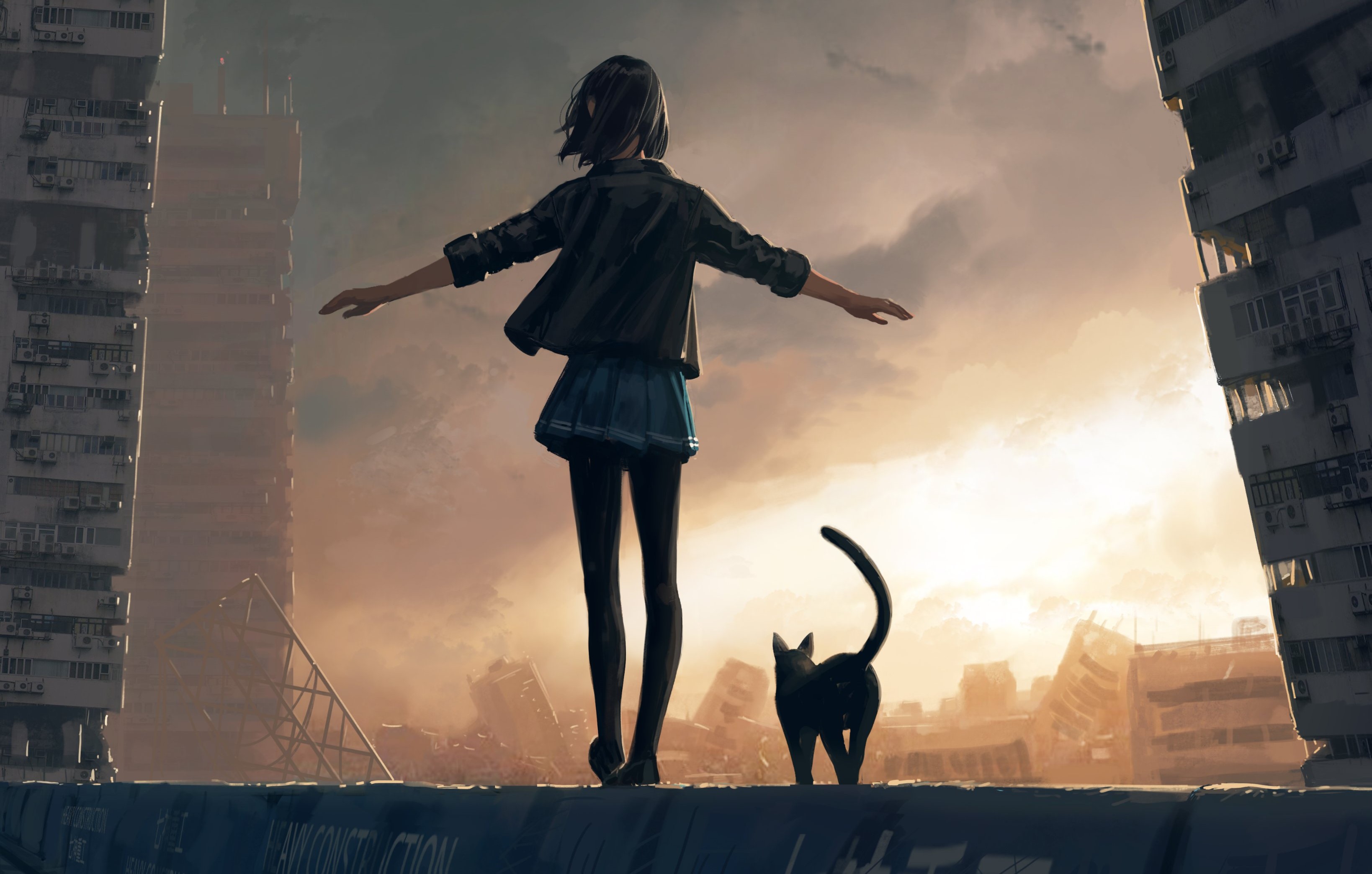 Girl and black cat in ruined city at sunset HD Wallpaper