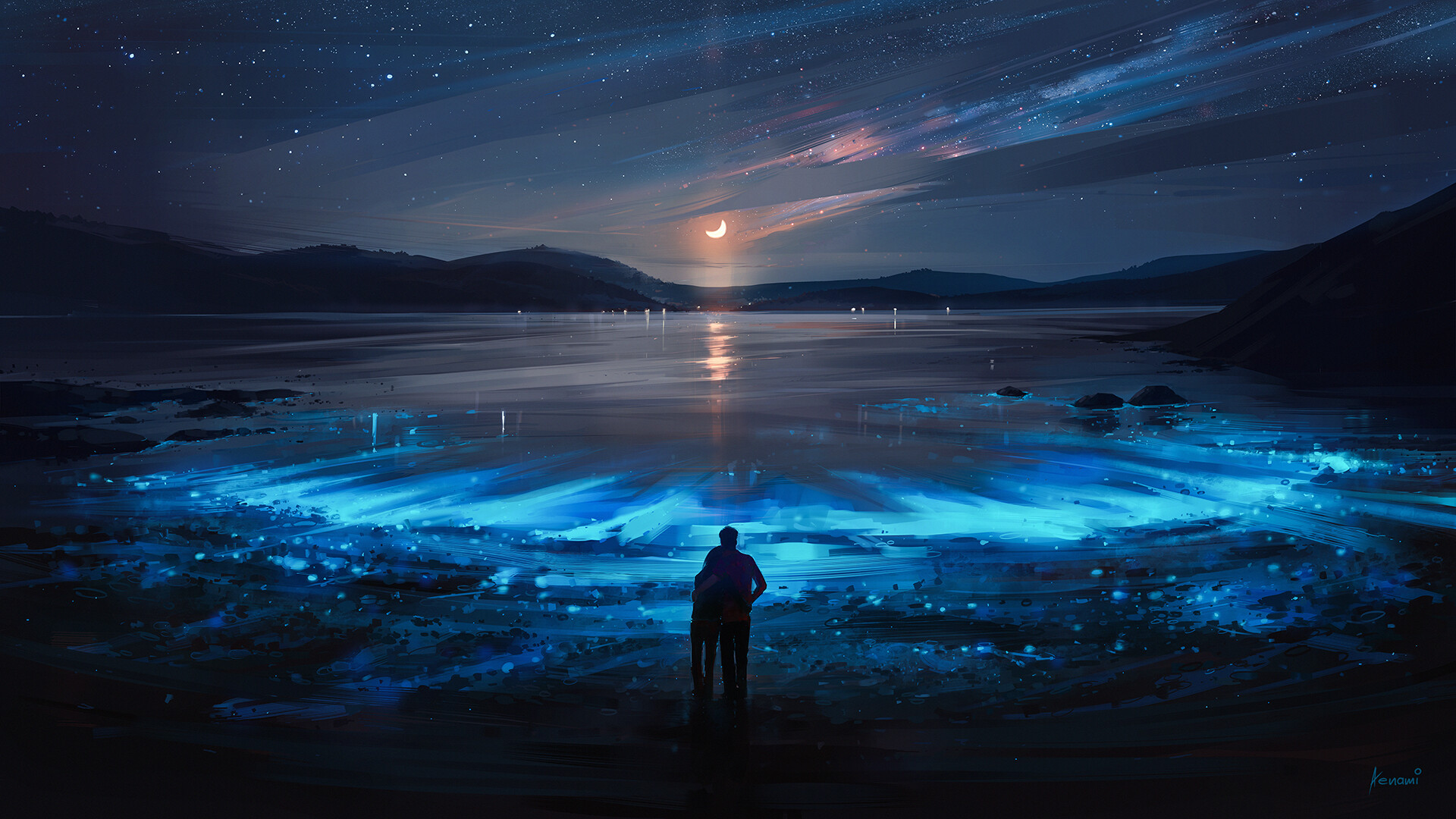 Couple watching bioluminescent water under starry sky HD Wallpaper