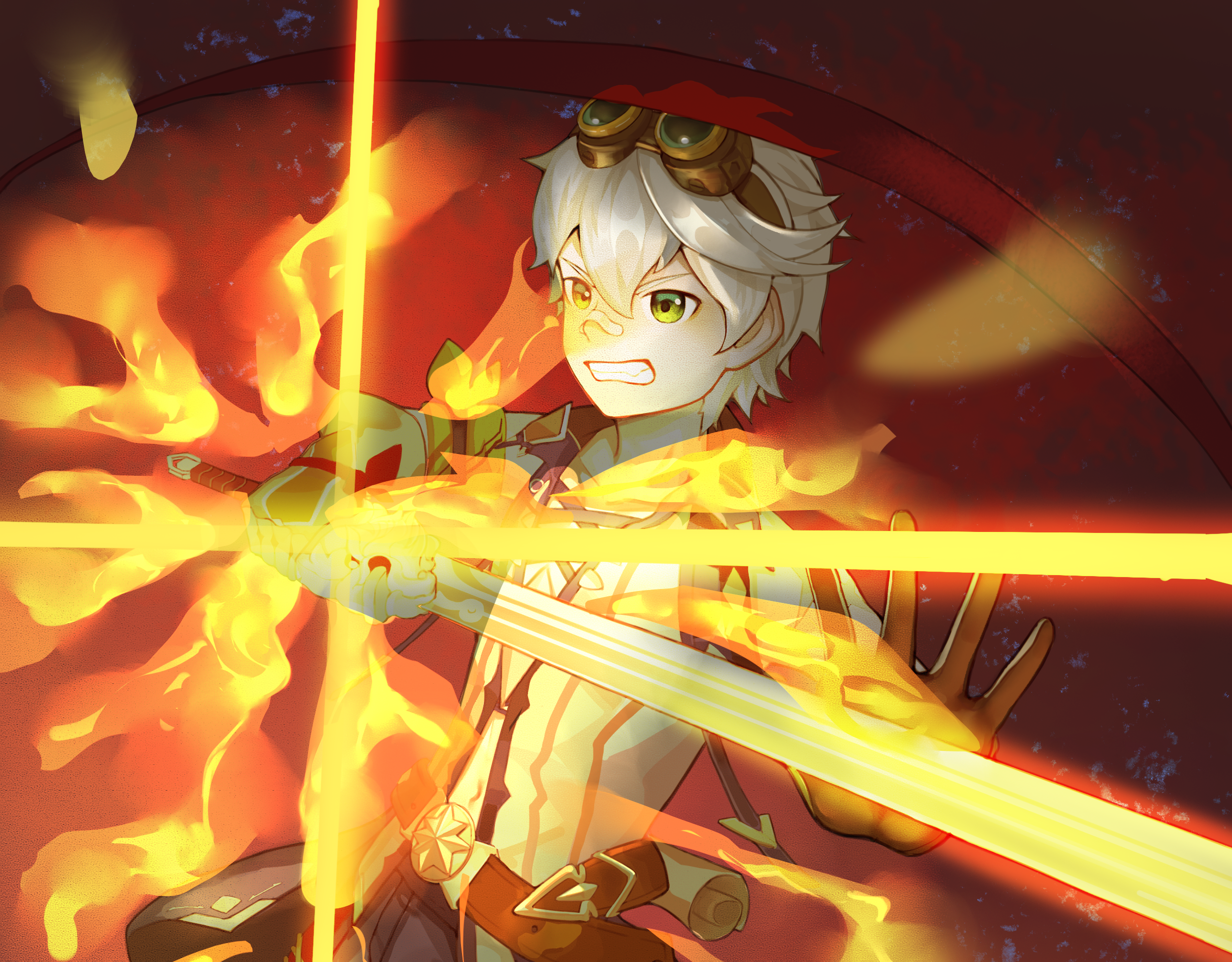 Bennett from Genshin Impact with fiery sword HD Wallpaper