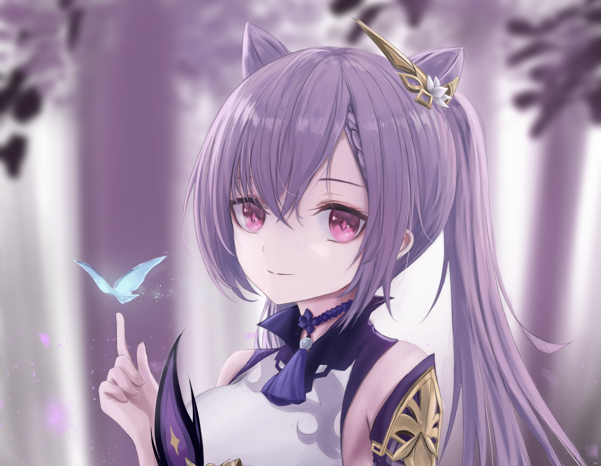 Keqing from Genshin Impact with a butterfly HD Wallpaper