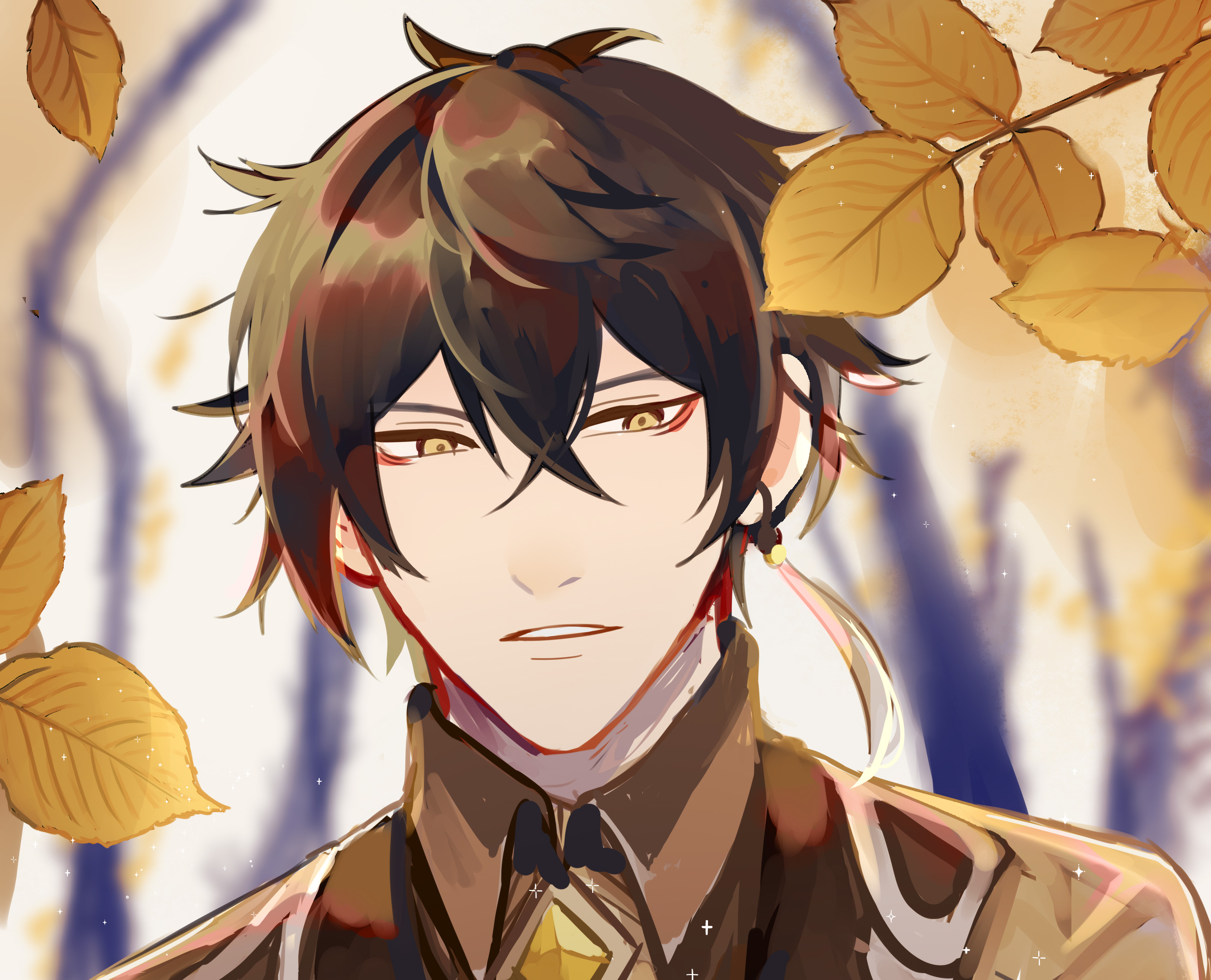 Zhongli from Genshin Impact with autumn leaves HD Wallpaper