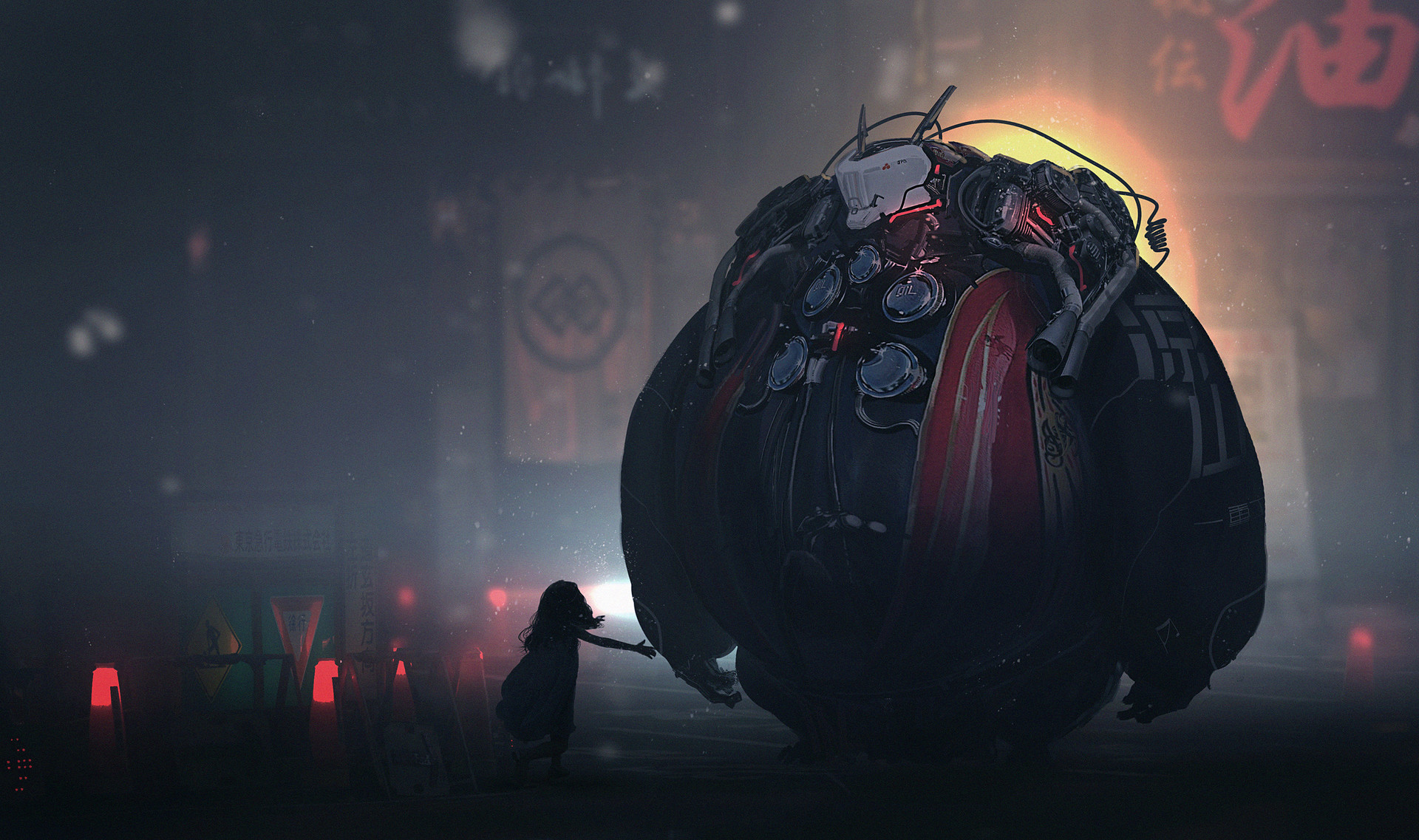 Girl reaching out to a large robot in a futuristic city HD Wallpaper