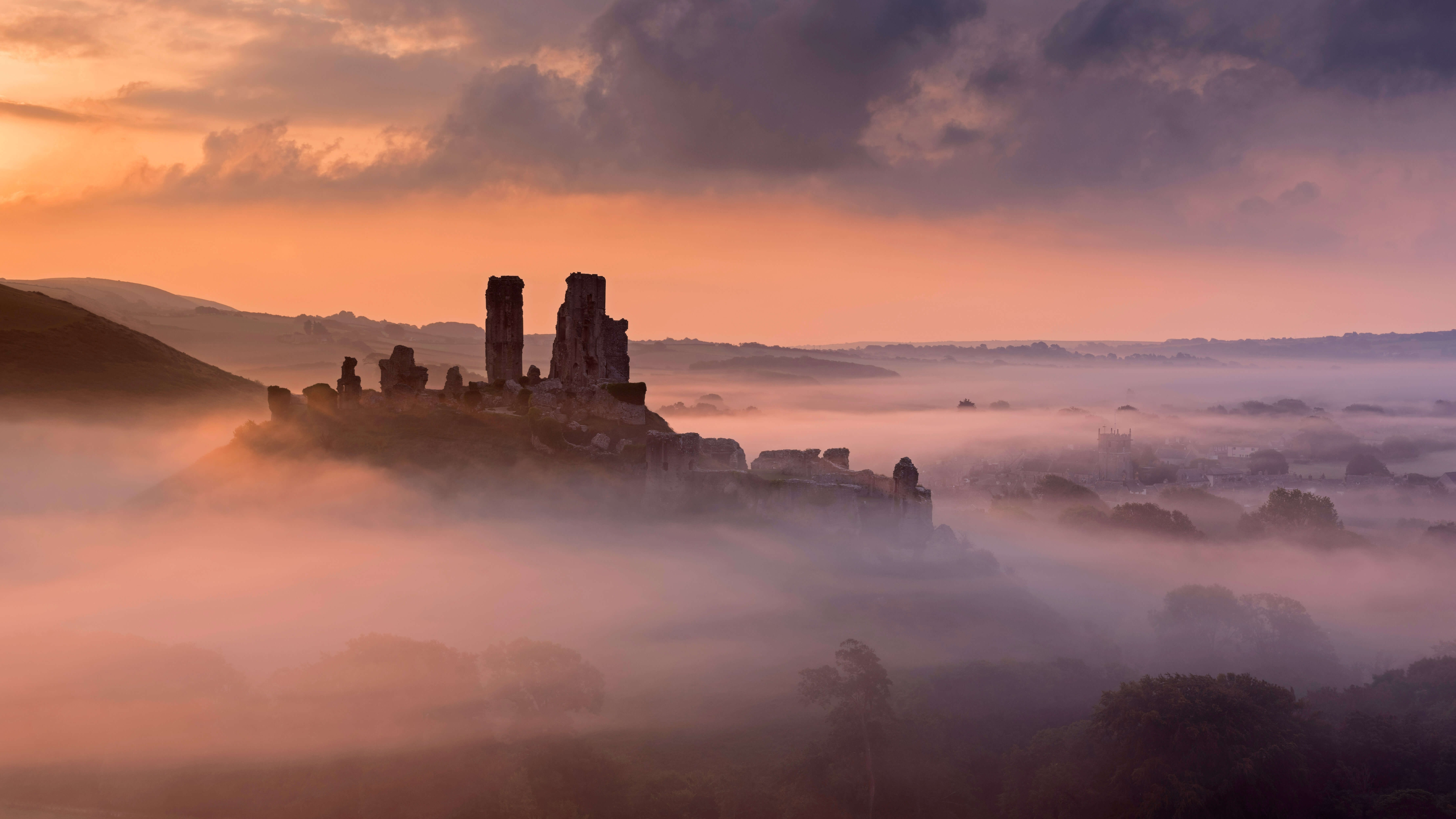 Corfe Castle Ruin in Fog at Sunrise, Dorset, England HD Wallpaper