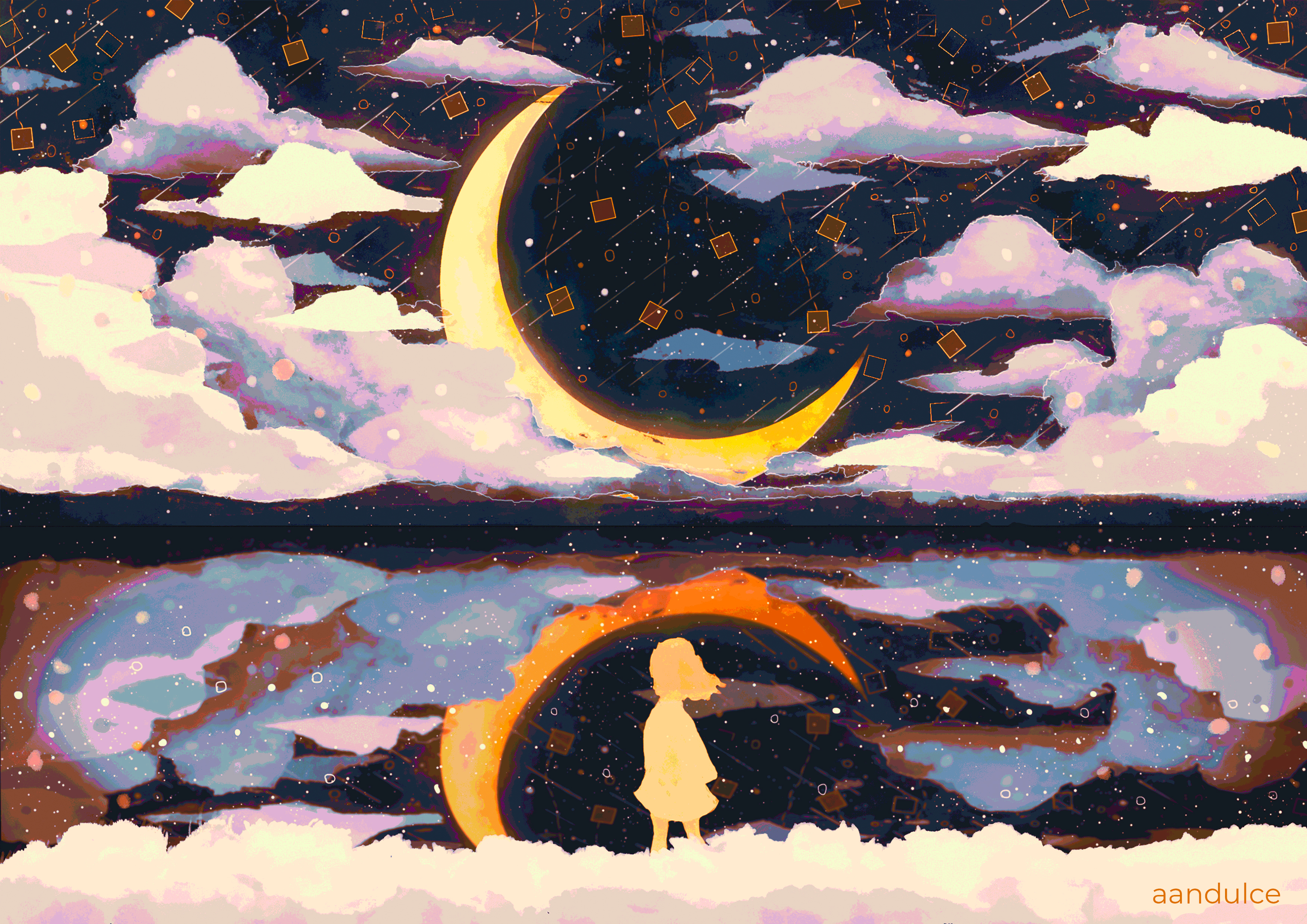 Girl under a crescent moon reflected in water HD Wallpaper