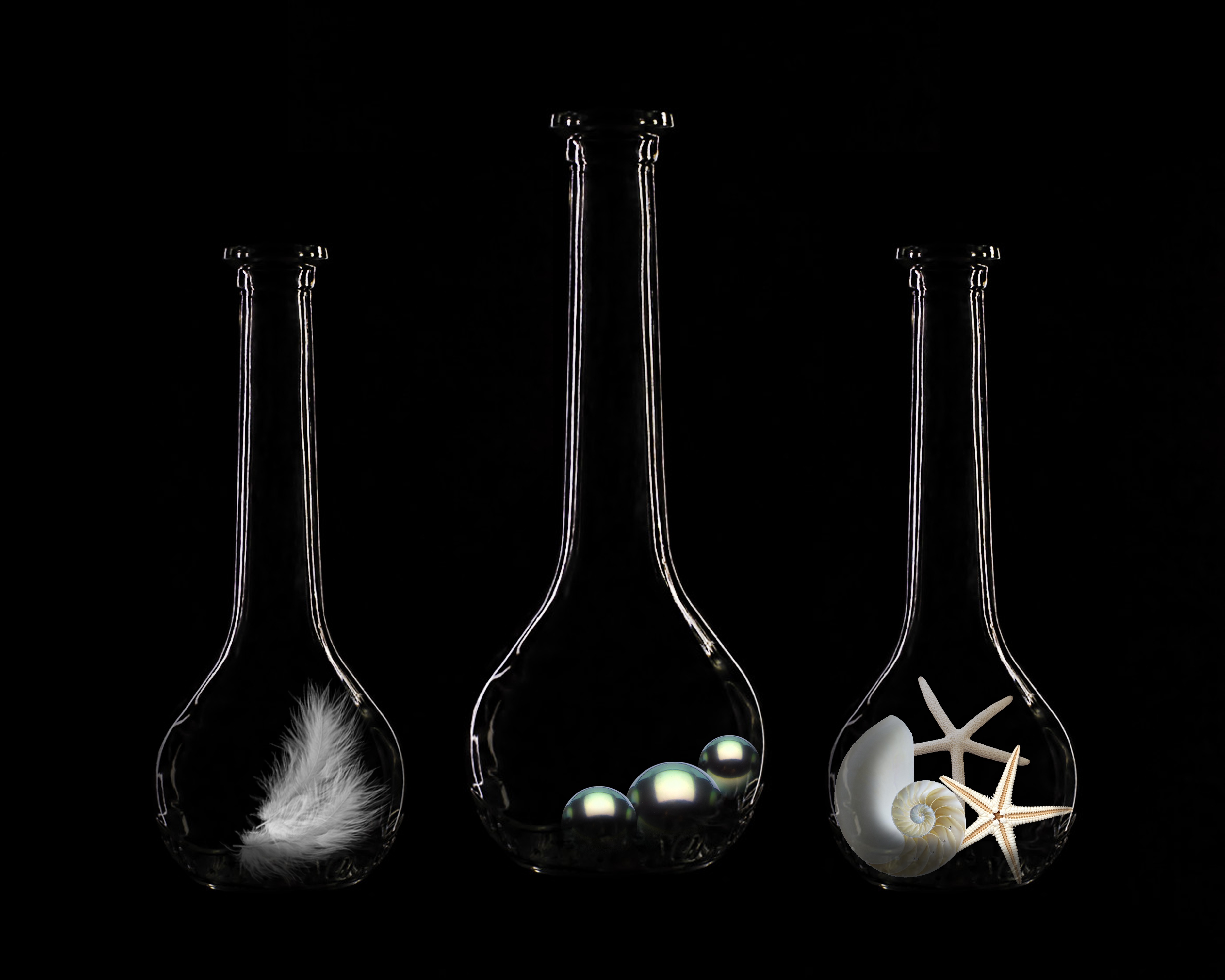 Glass flasks with feather, pearls, and seashells HD Wallpaper