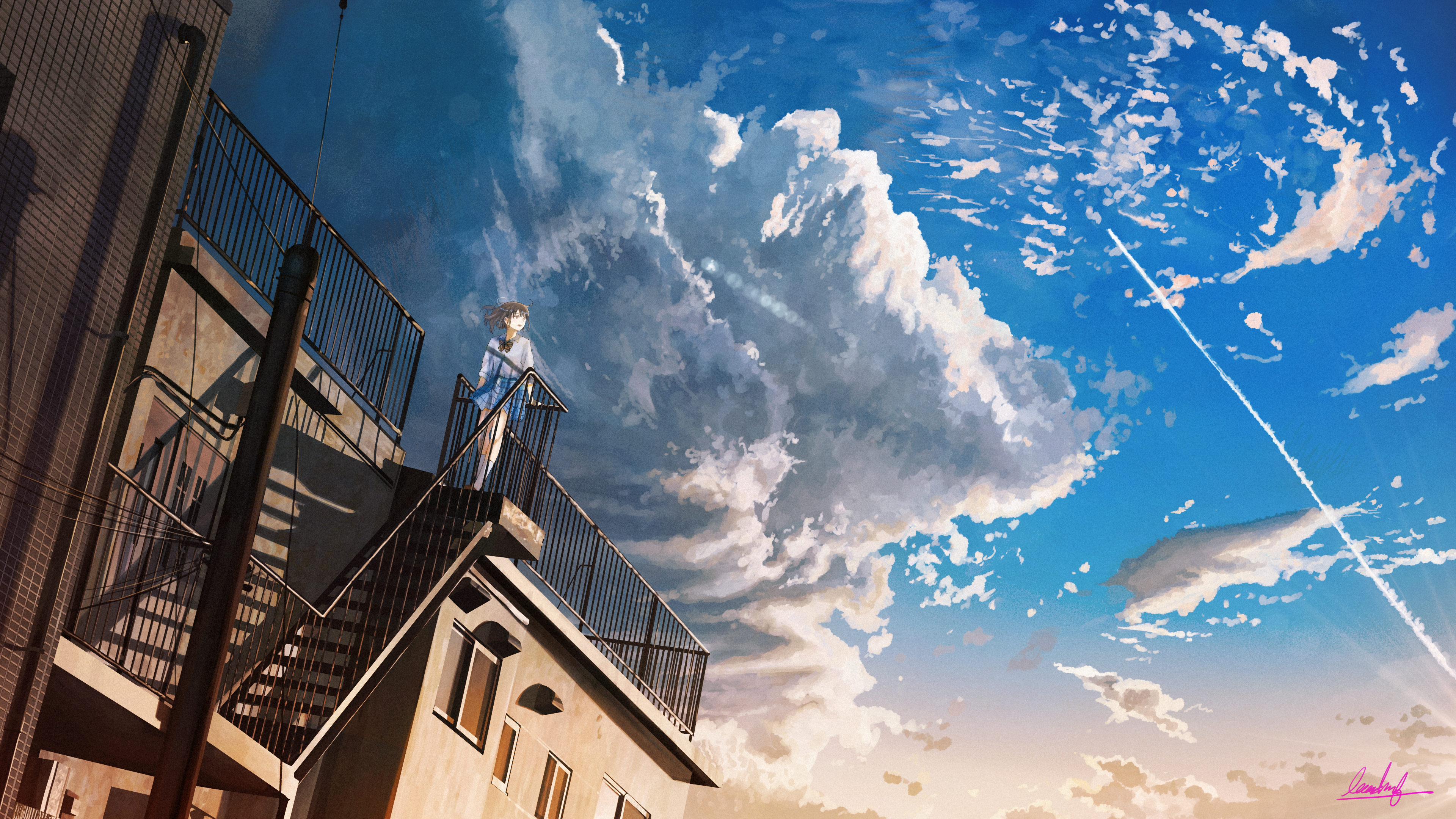 Girl on a rooftop looking at the sky HD Wallpaper