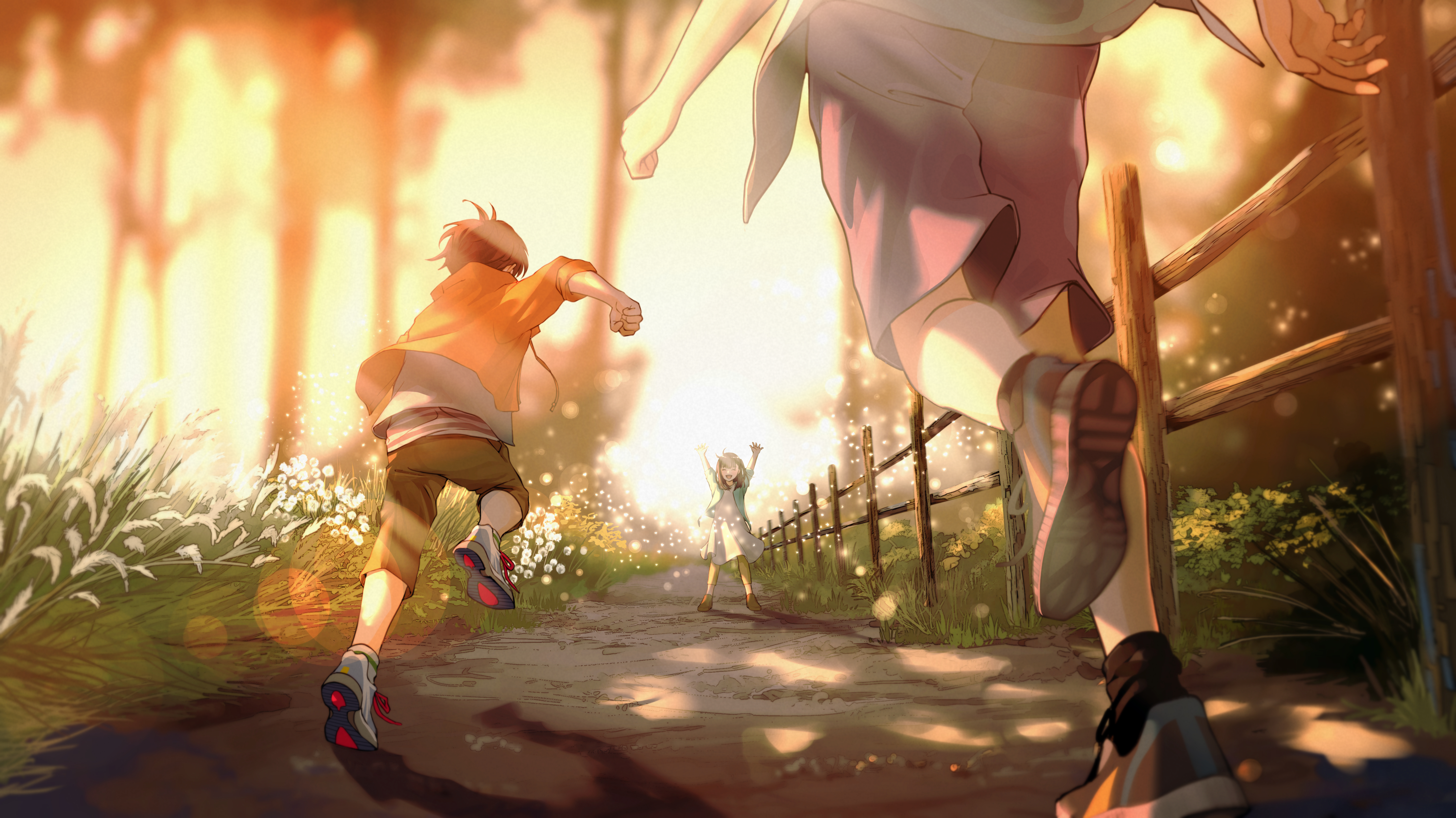 Children running on a path during sunset HD Wallpaper