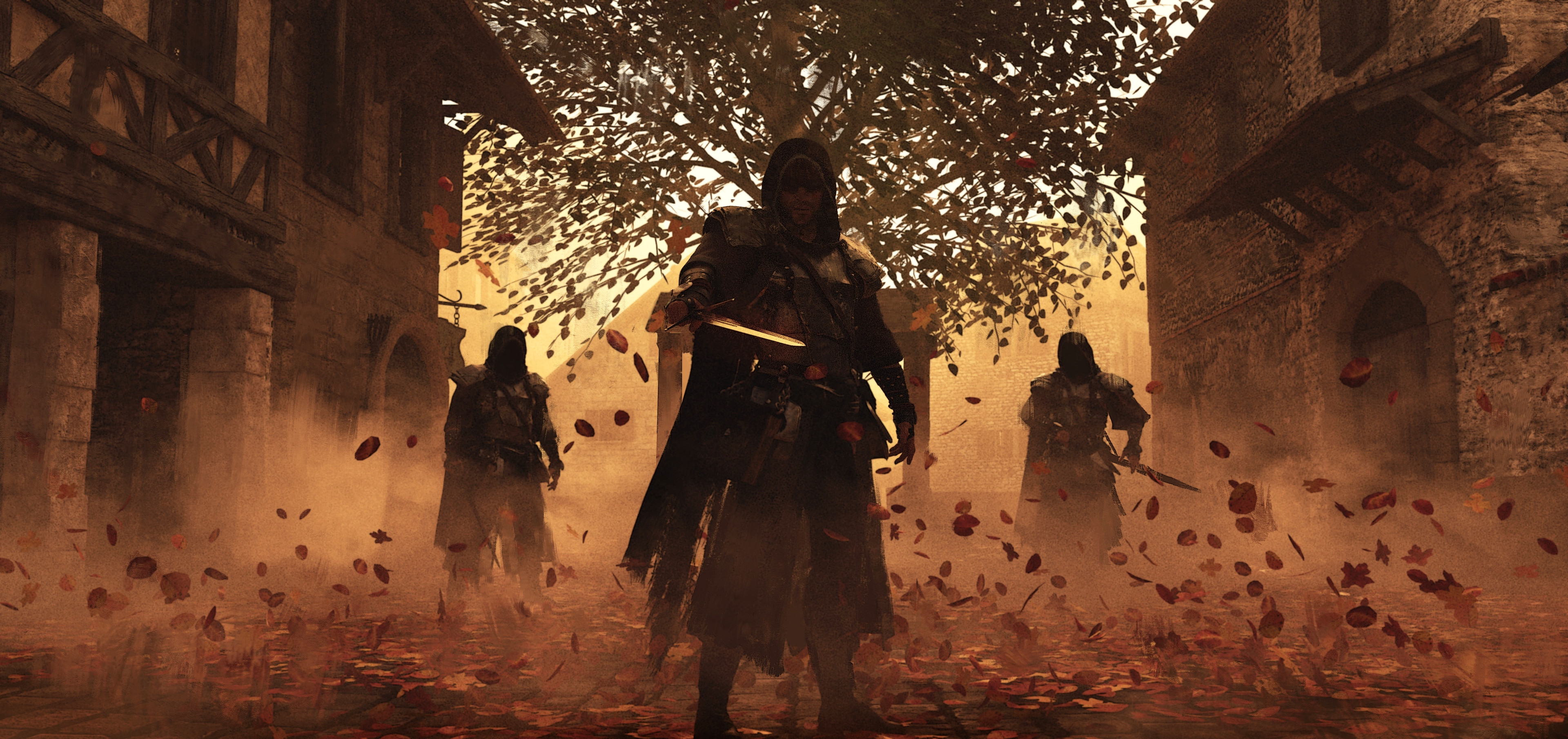 Assassins in a medieval town square HD Wallpaper