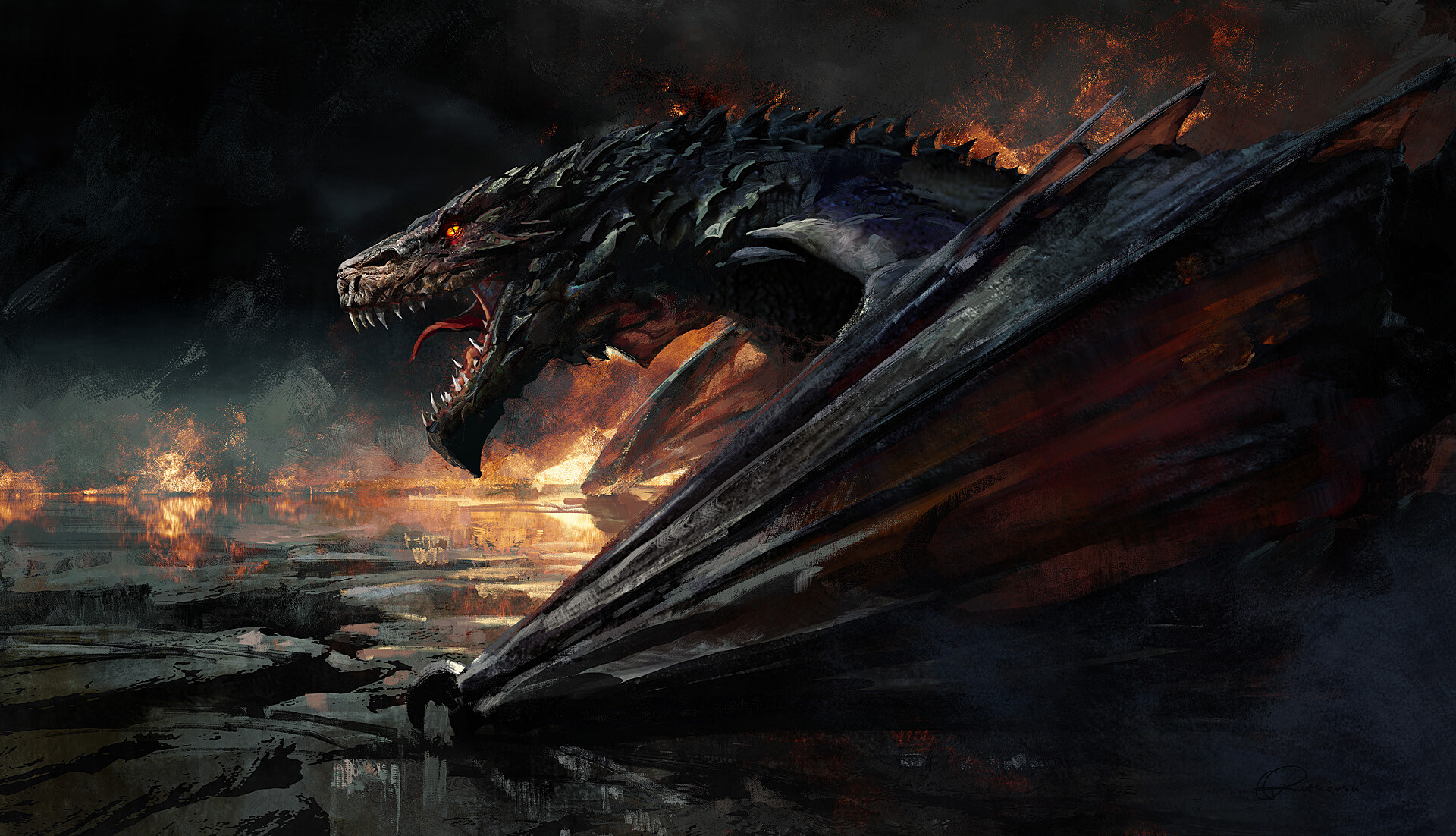 A fearsome dragon amidst flames and smoke HD Wallpaper