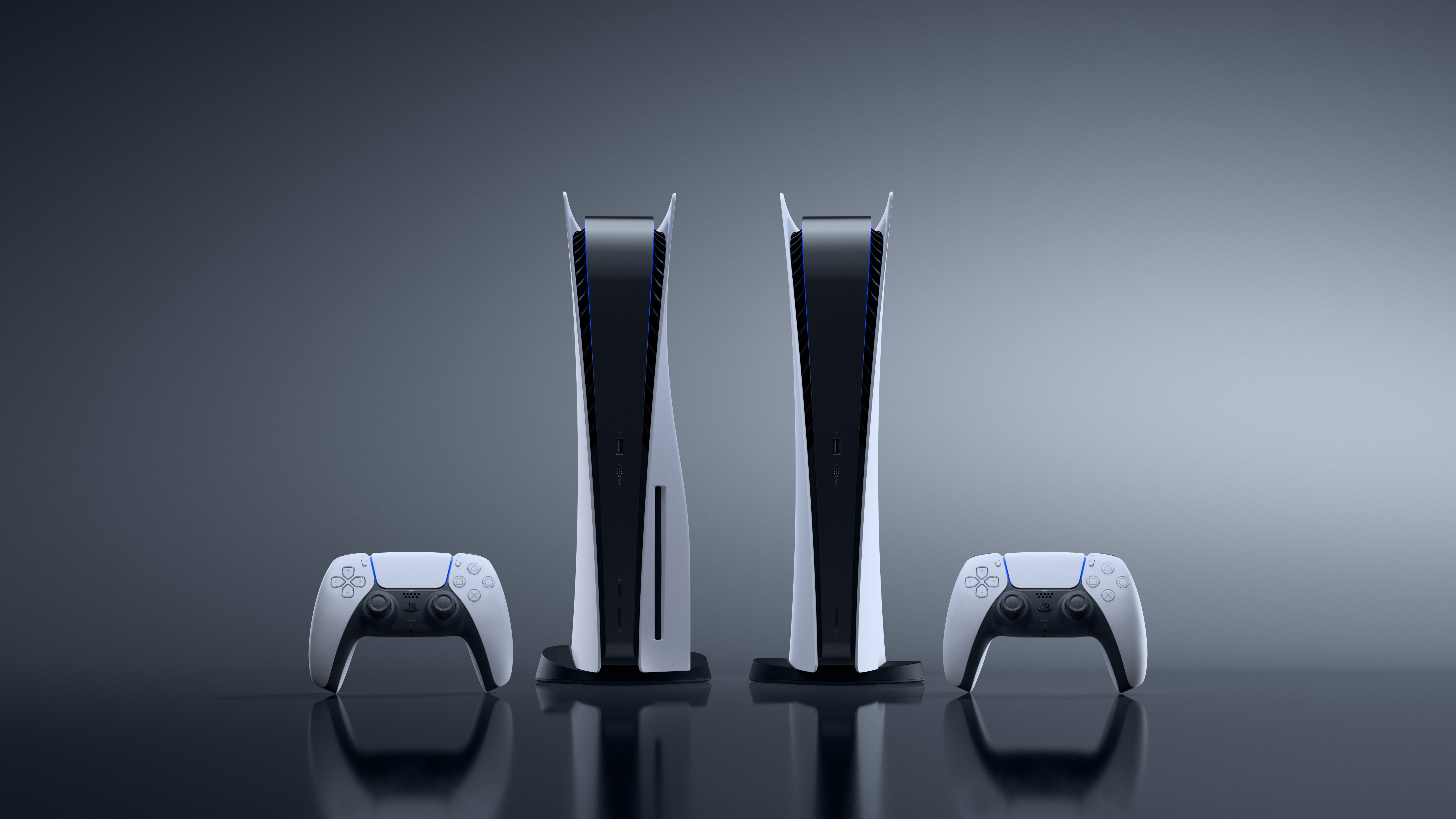 Two Playstation 5 consoles with controllers HD Wallpaper