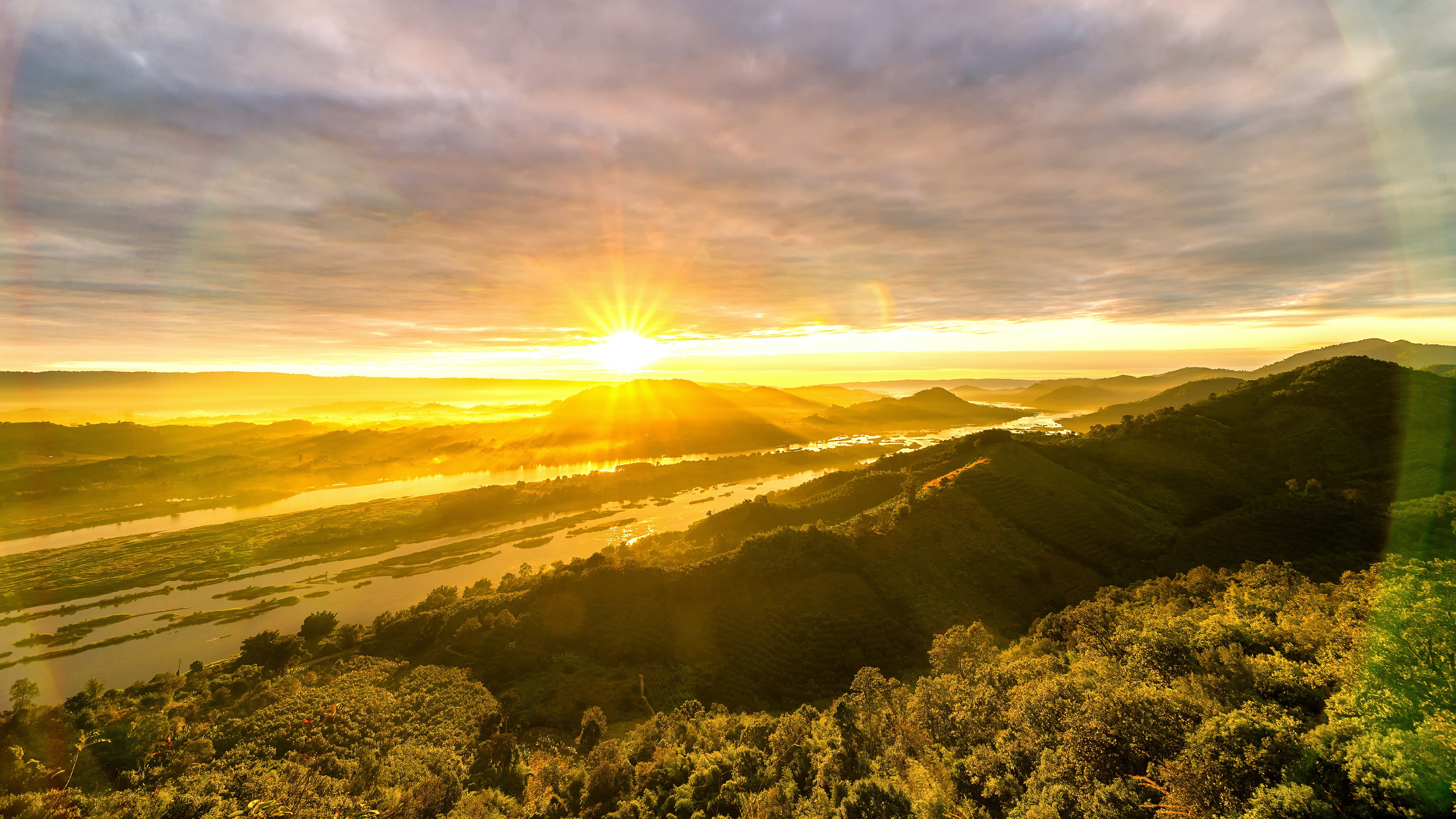 Sunrise over mountains and river 4K HD Wallpaper