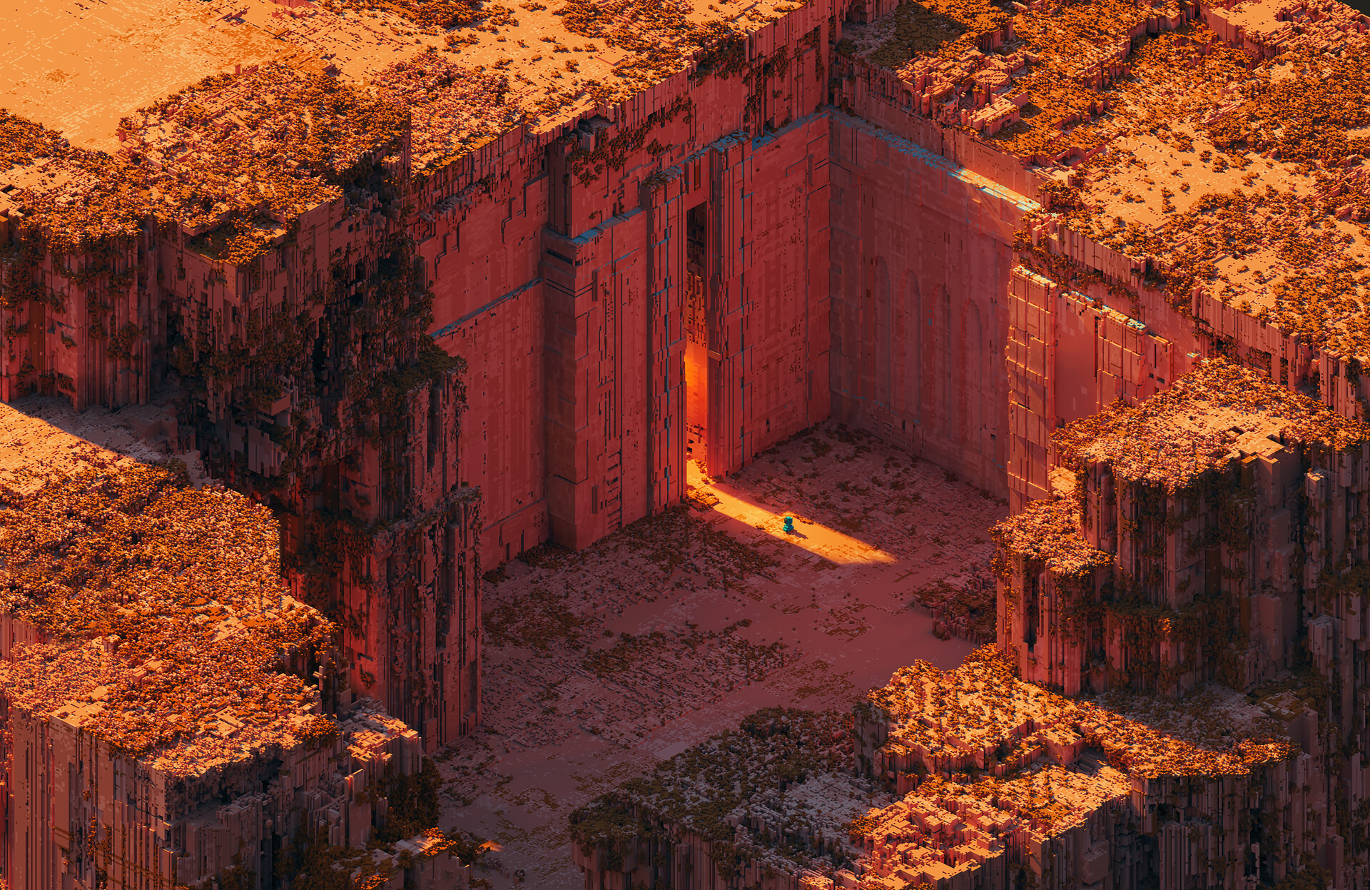 A lone figure enters a colossal ancient structure HD Wallpaper