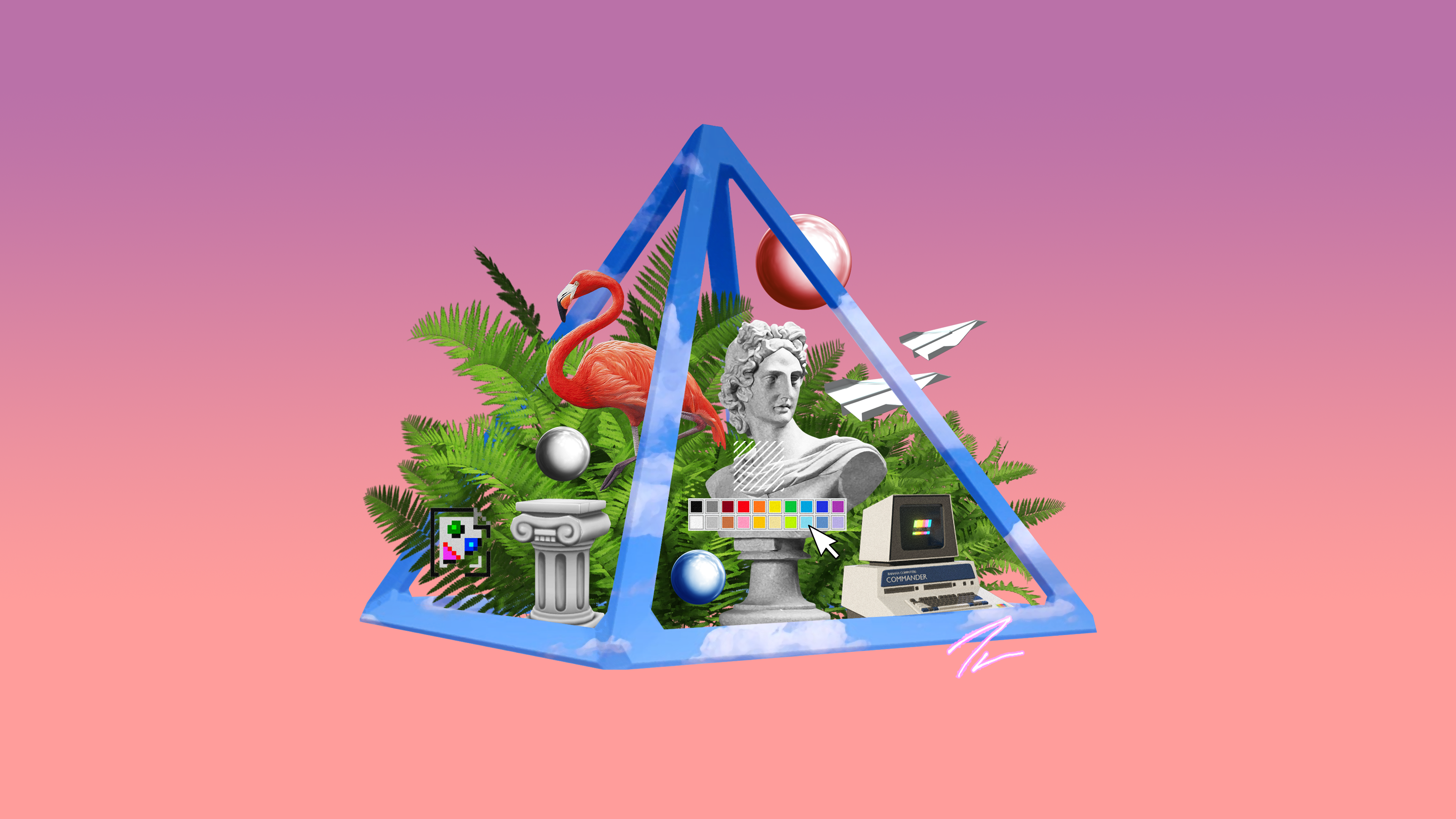 Surreal pyramid with classical bust and flamingo HD Wallpaper