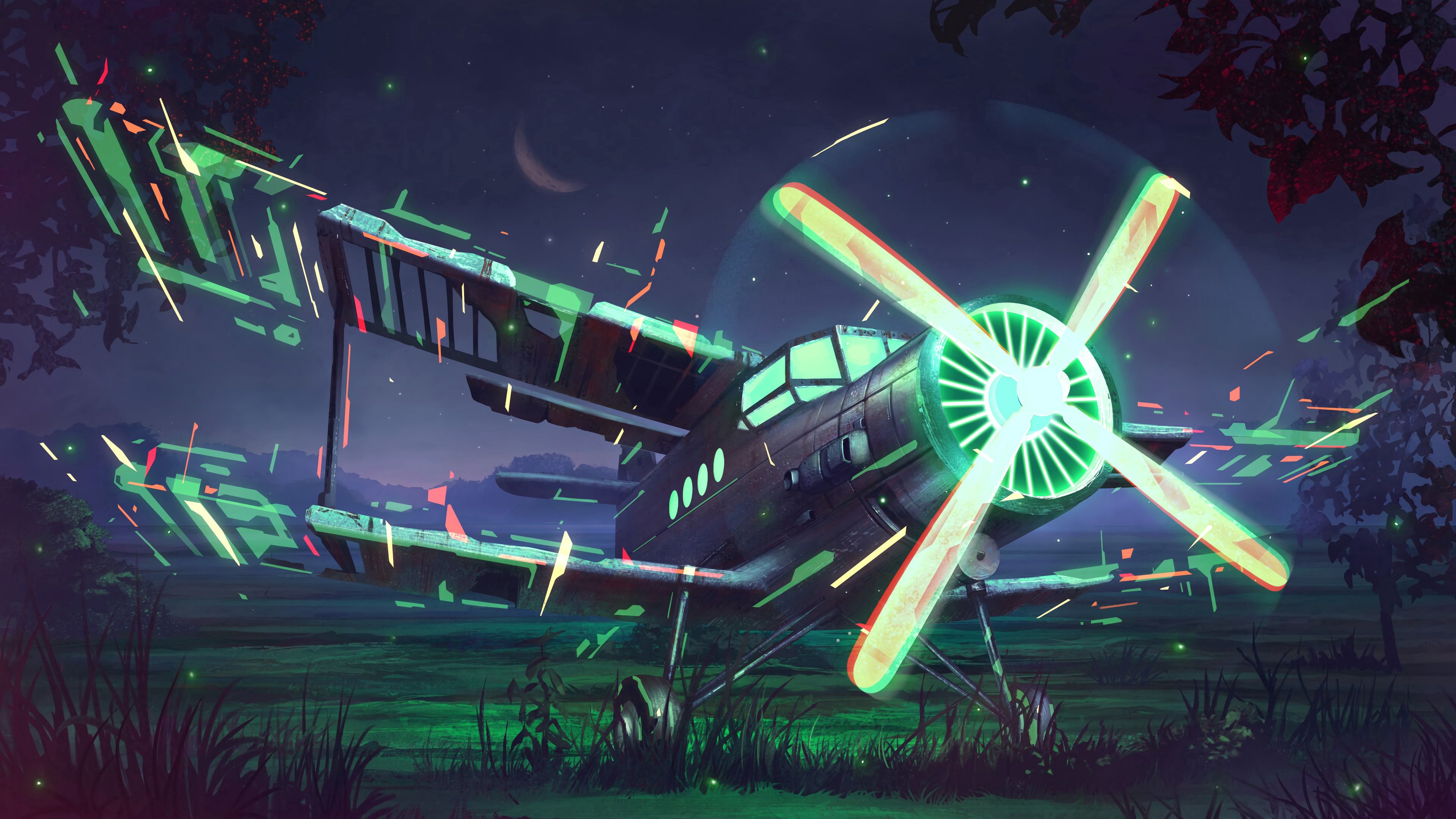 Airplane with glowing green accents at night HD Wallpaper