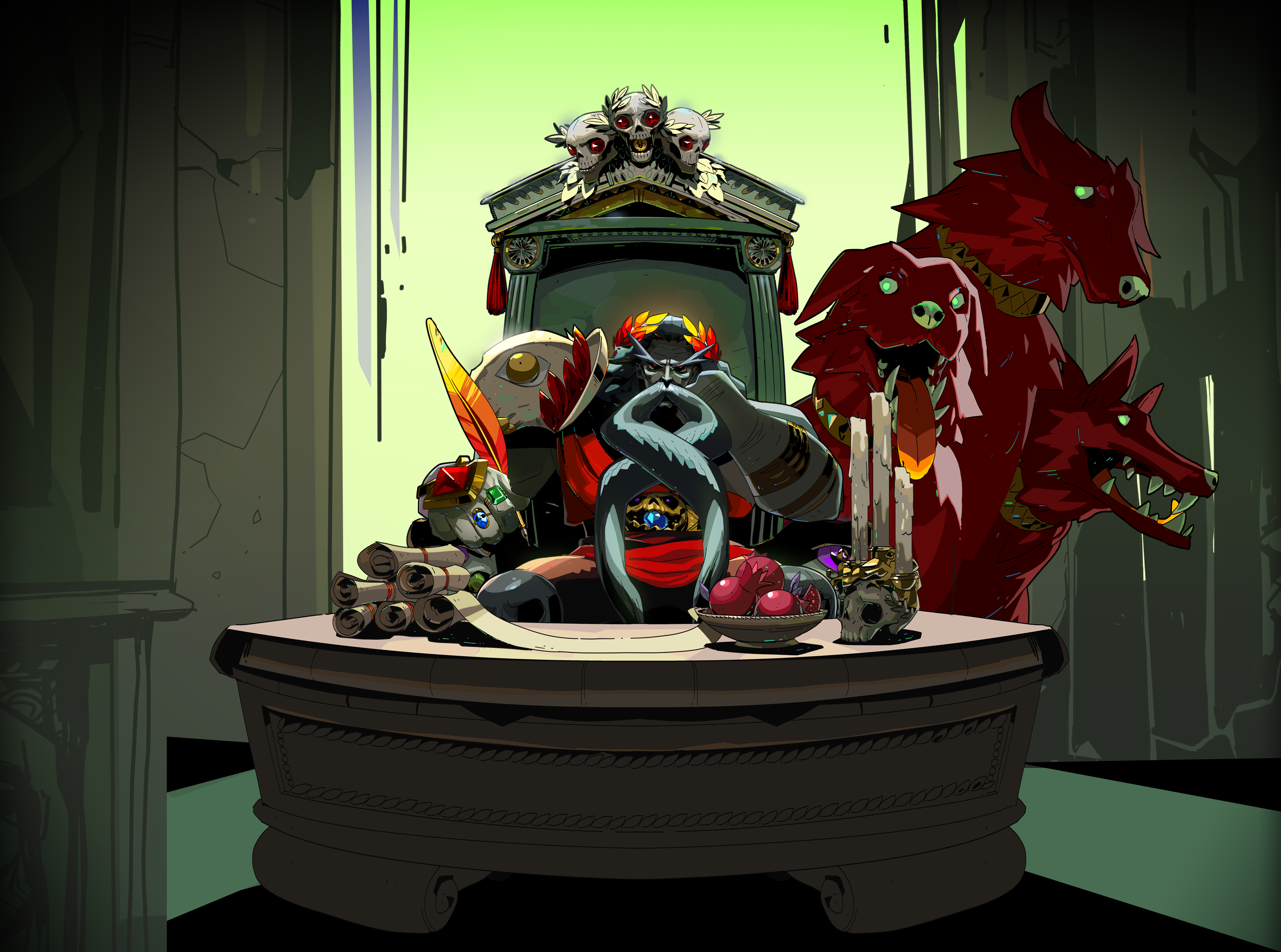 Hades sitting at a table with Cerberus HD Wallpaper
