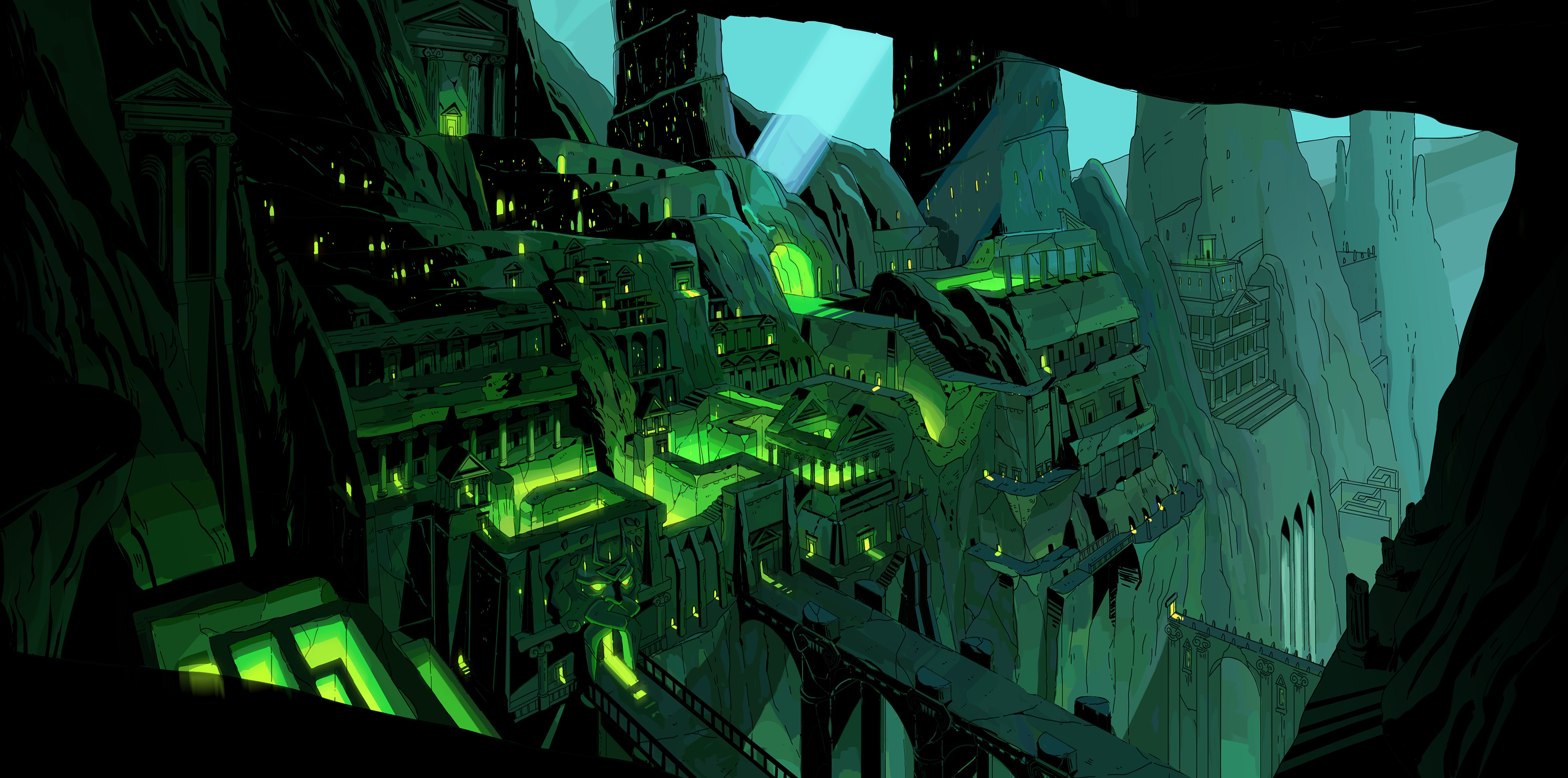 Hades underworld city with glowing green structures HD Wallpaper
