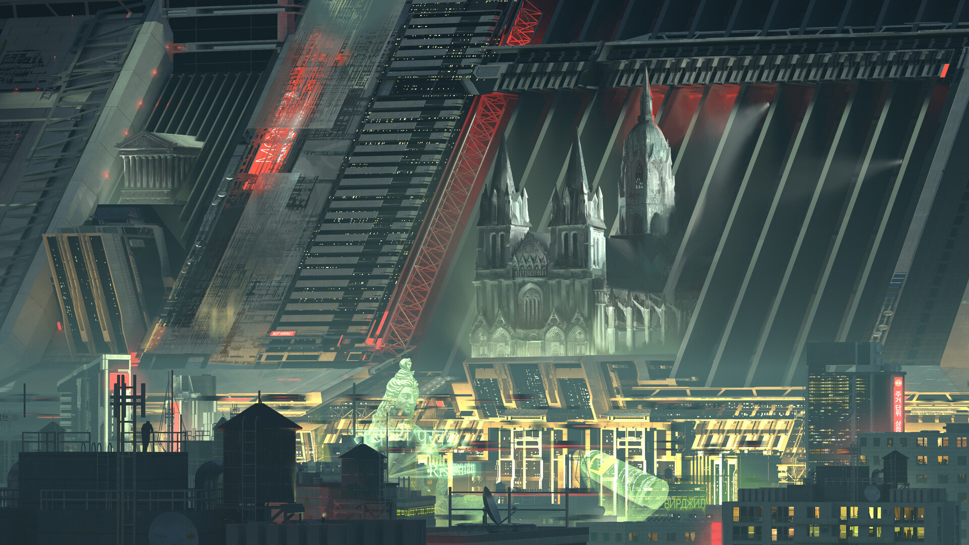 Futuristic Cityscape with Gothic Architecture HD Wallpaper