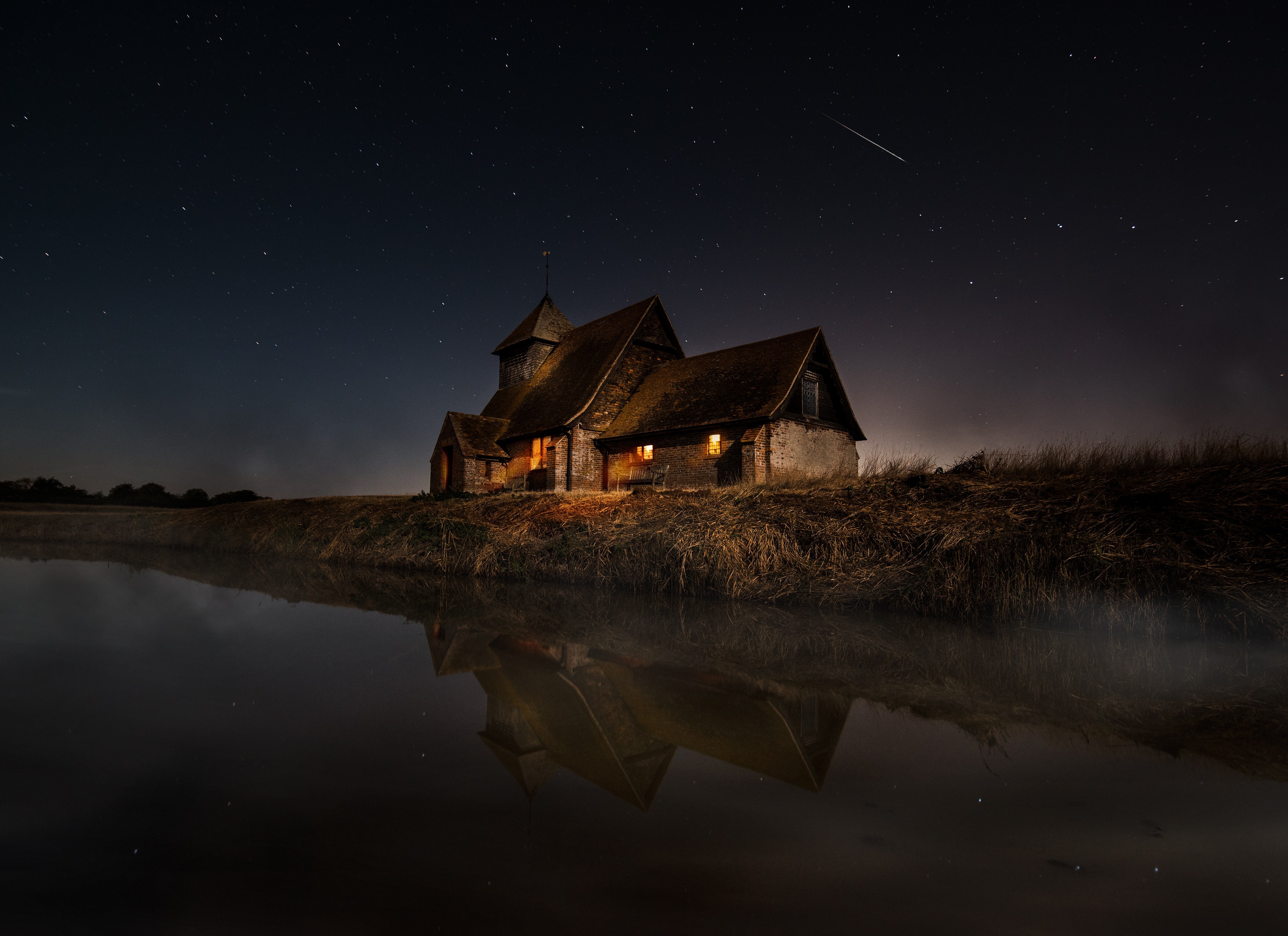 Church at night with stars and reflection HD Wallpaper