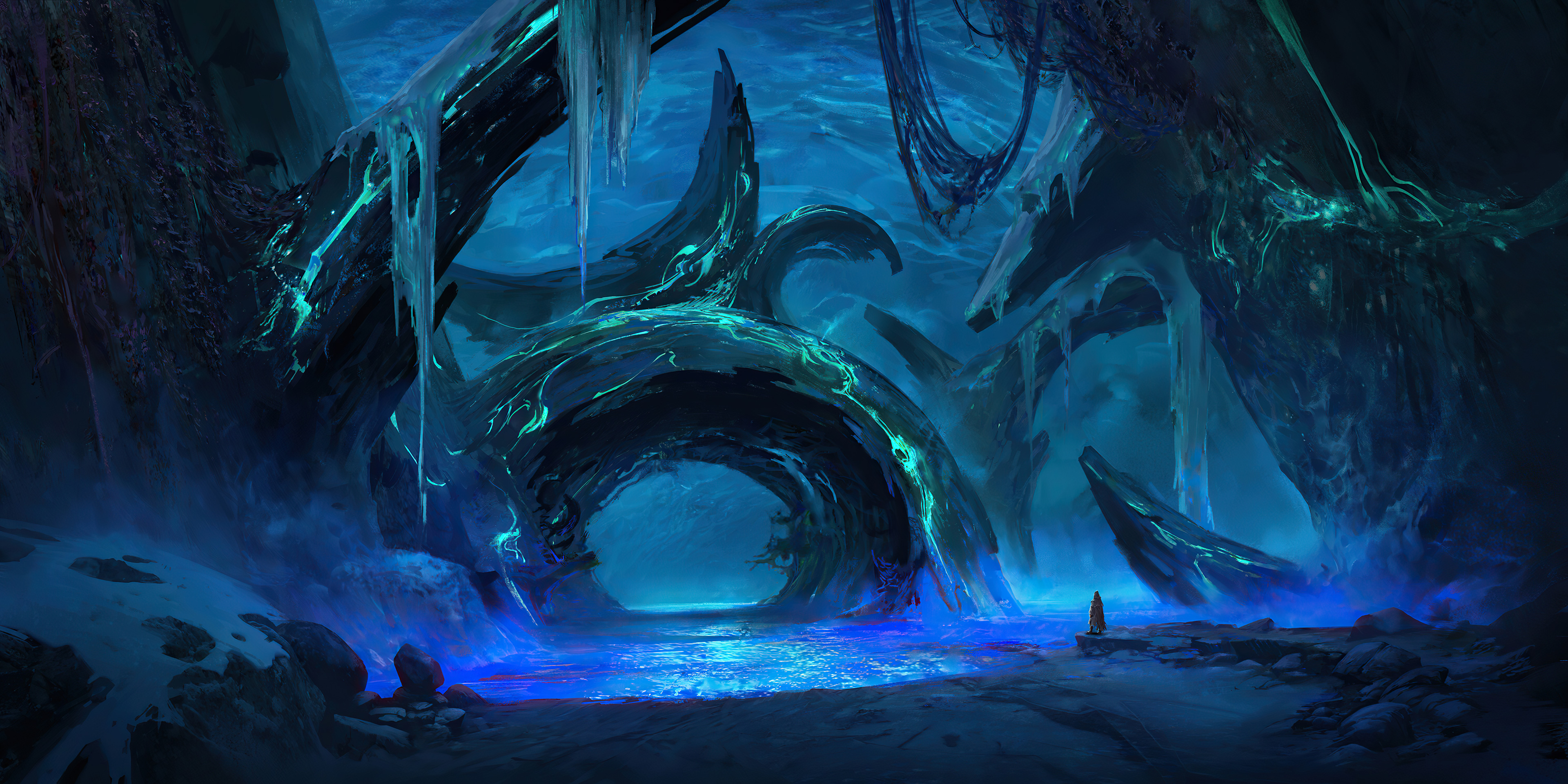 Fantasy Cave with Glowing Blue and Green Energy HD Wallpaper