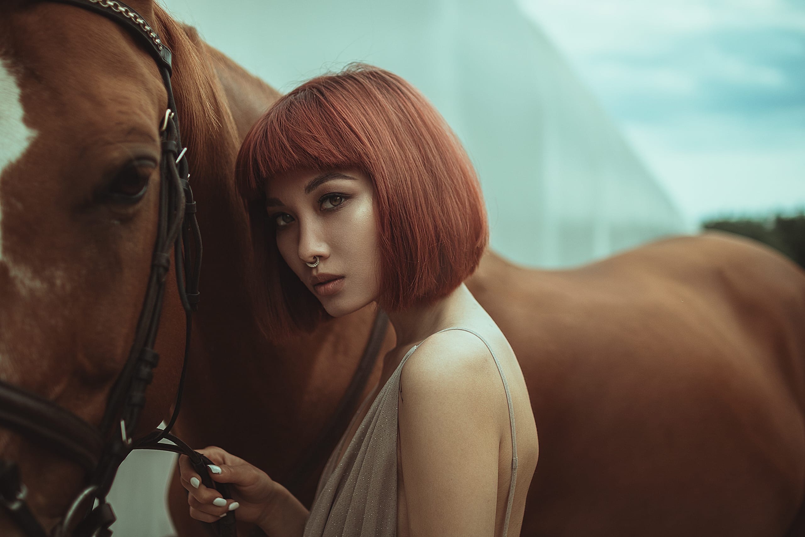 Woman with red hair and horse HD Wallpaper