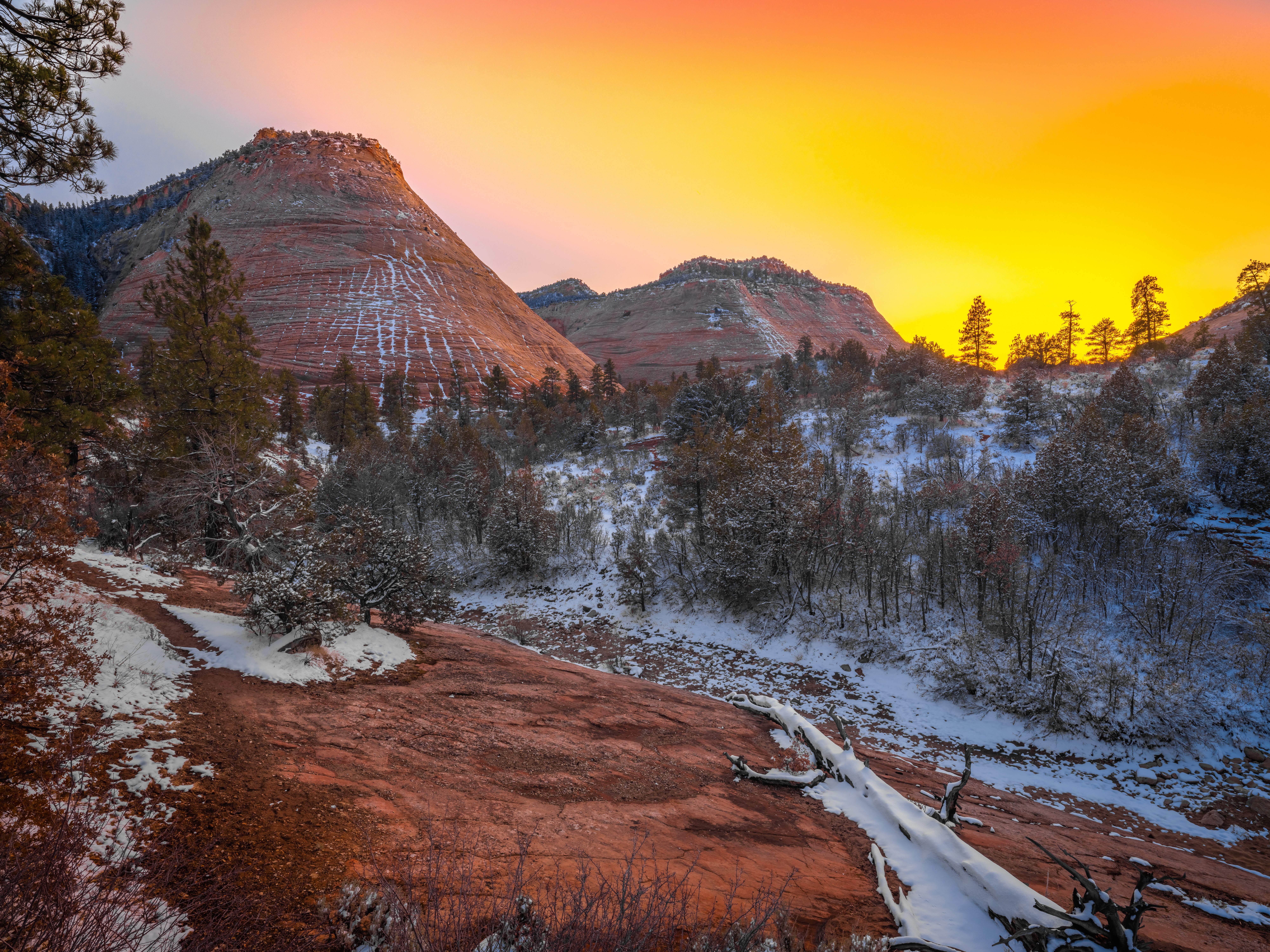 Snowy Zion National Park Landscape at Sunset HD Wallpaper