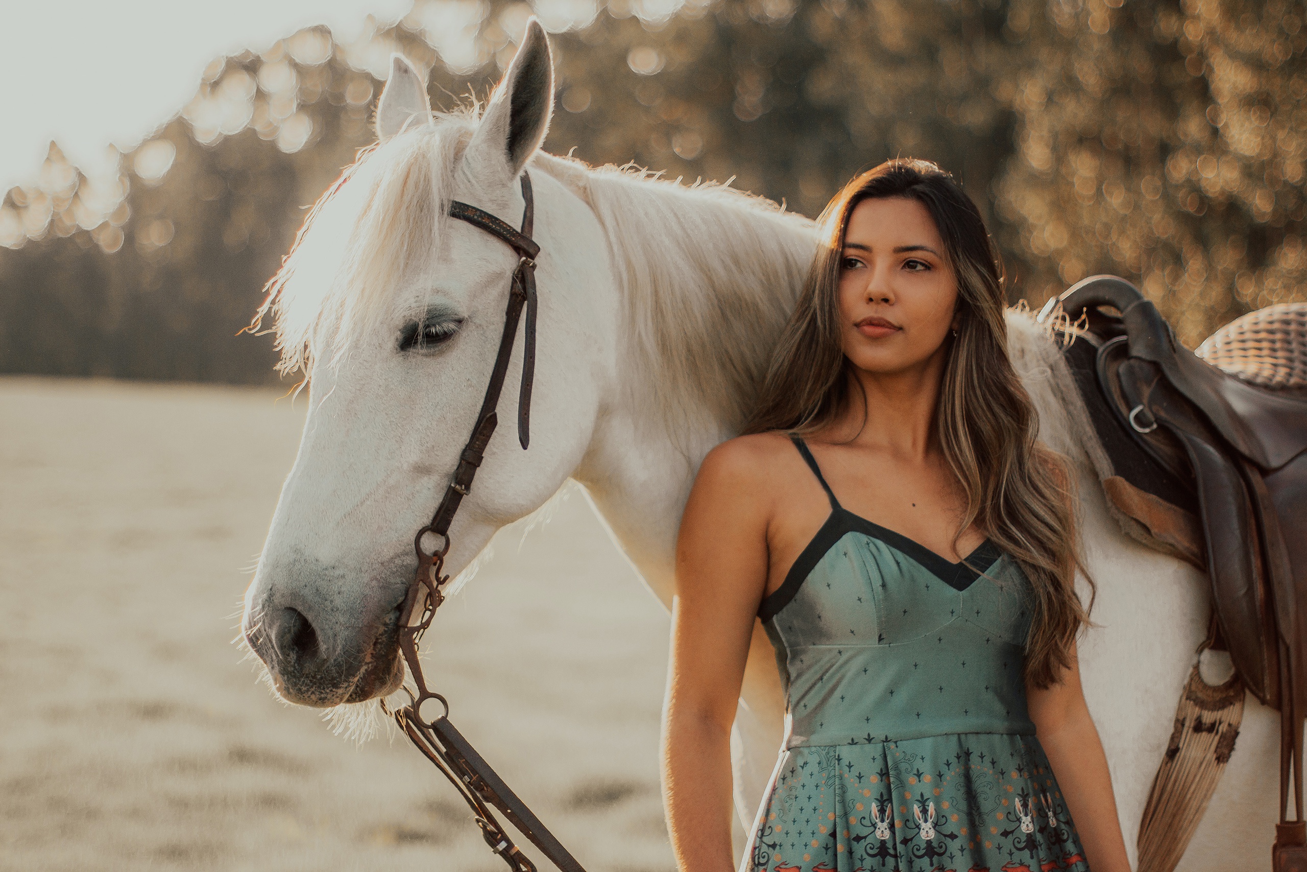 Woman with a white horse HD Wallpaper