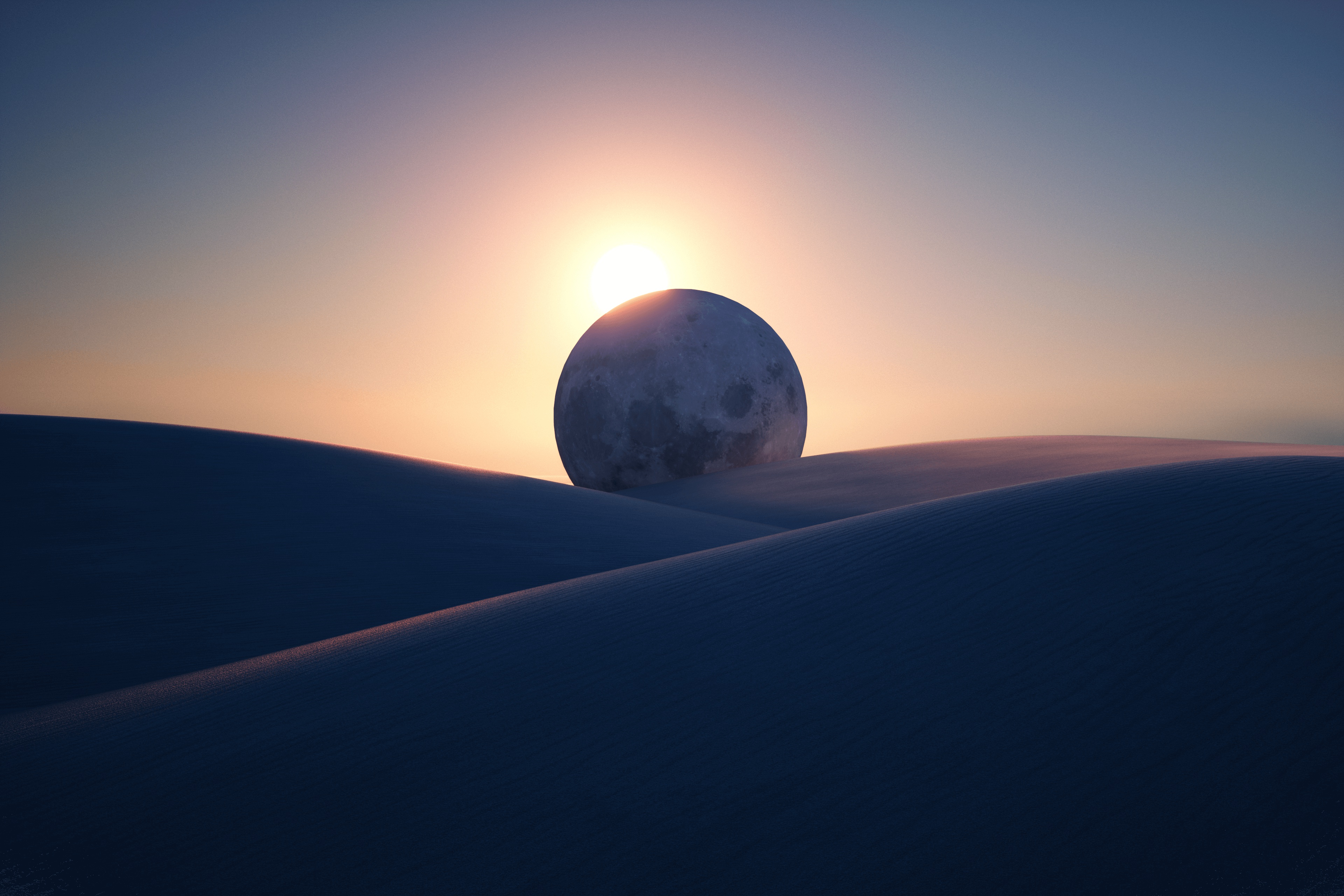 Moon over desert dunes at sunset HD Wallpaper