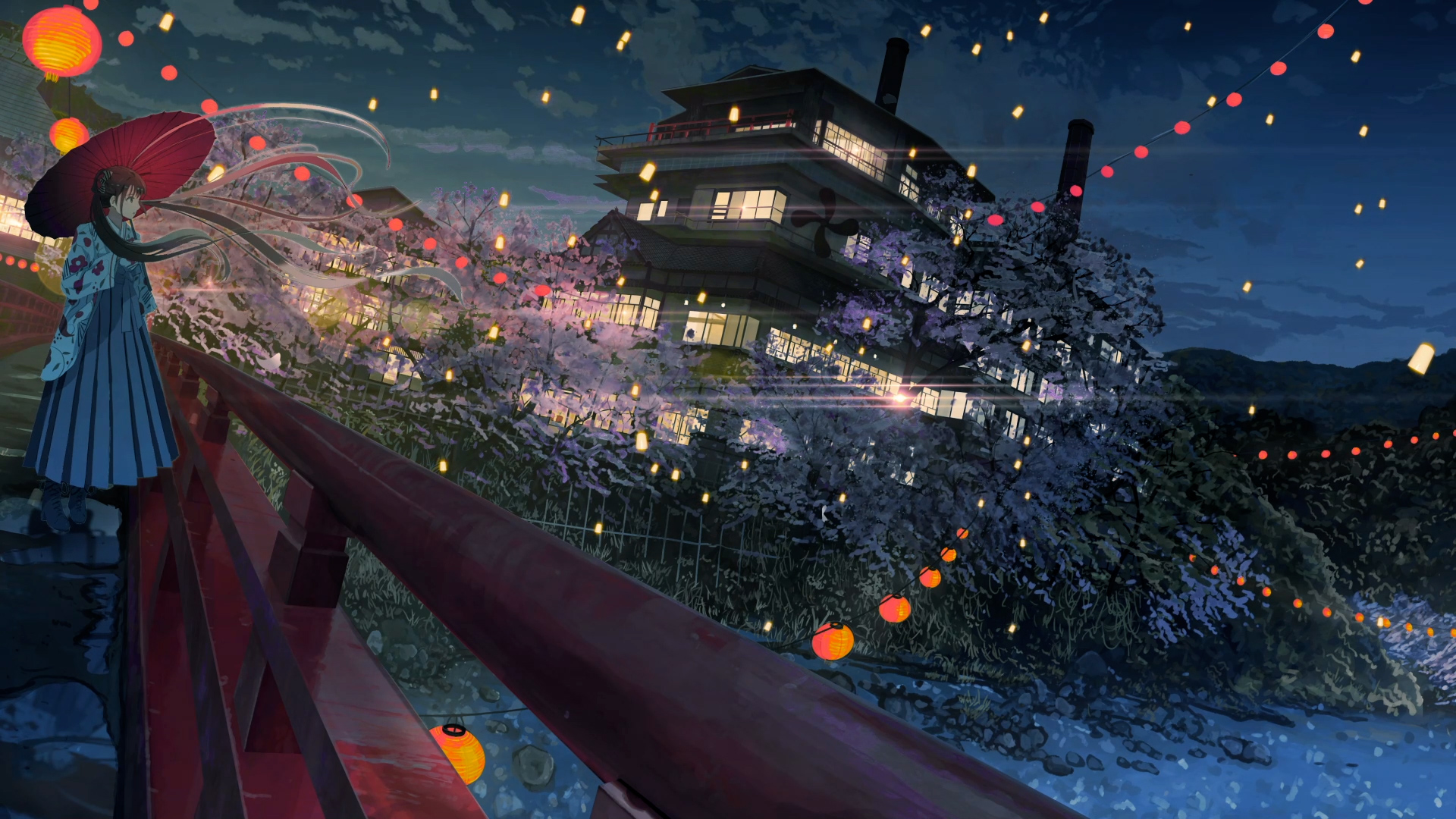 Girl with Umbrella on Bridge at Night with Lanterns HD Wallpaper